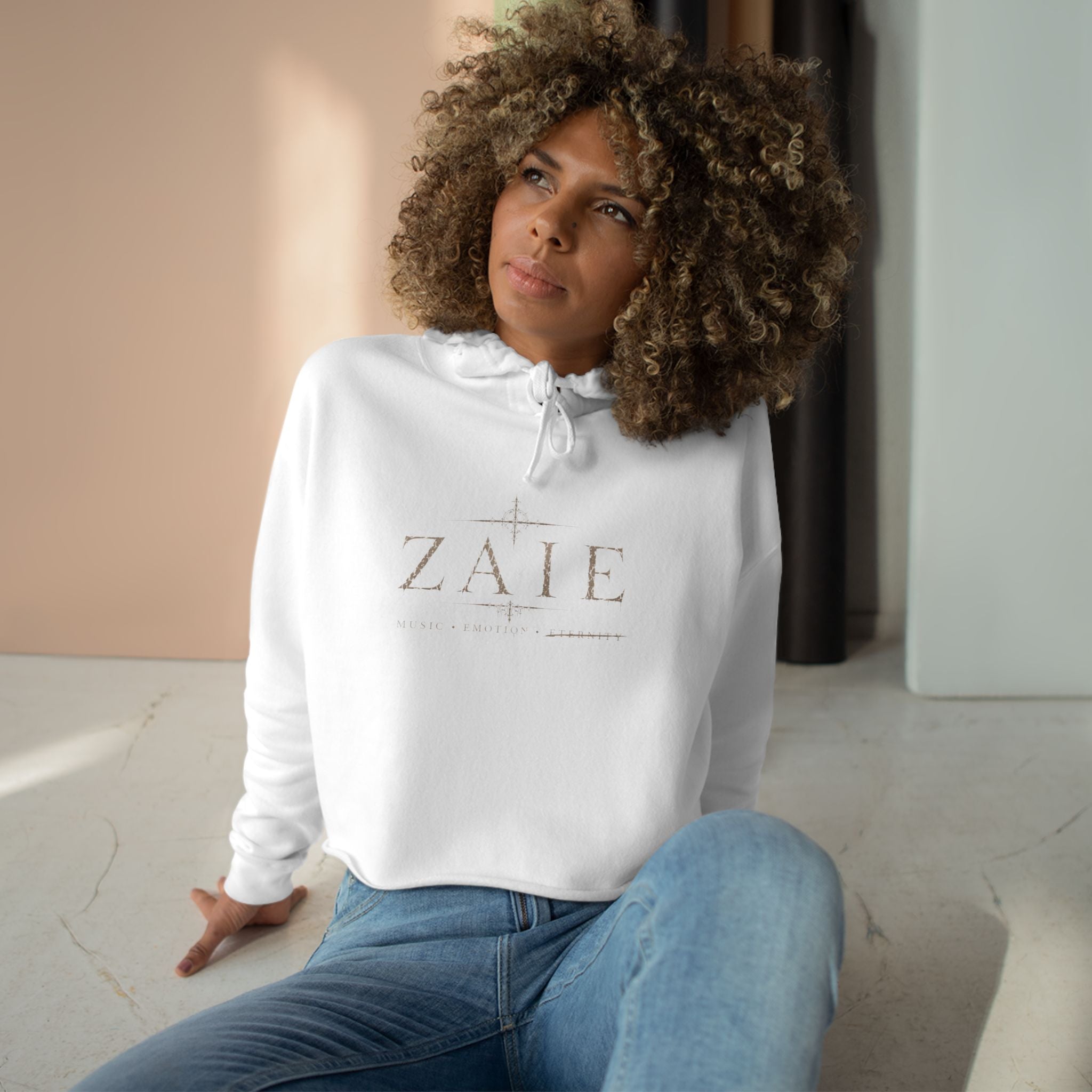 Crop Hoodie — ZAIÉ Minimal Logo Cropped Hoodie (Front Logo, Back Artwork)