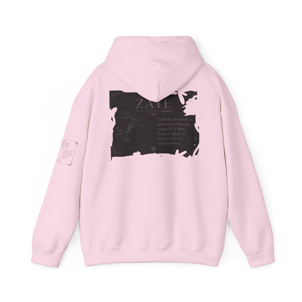 ZAIE Minimal Logo Hoodie — White Graphic Pullover with Back Art & Subtle Sleeve Detail