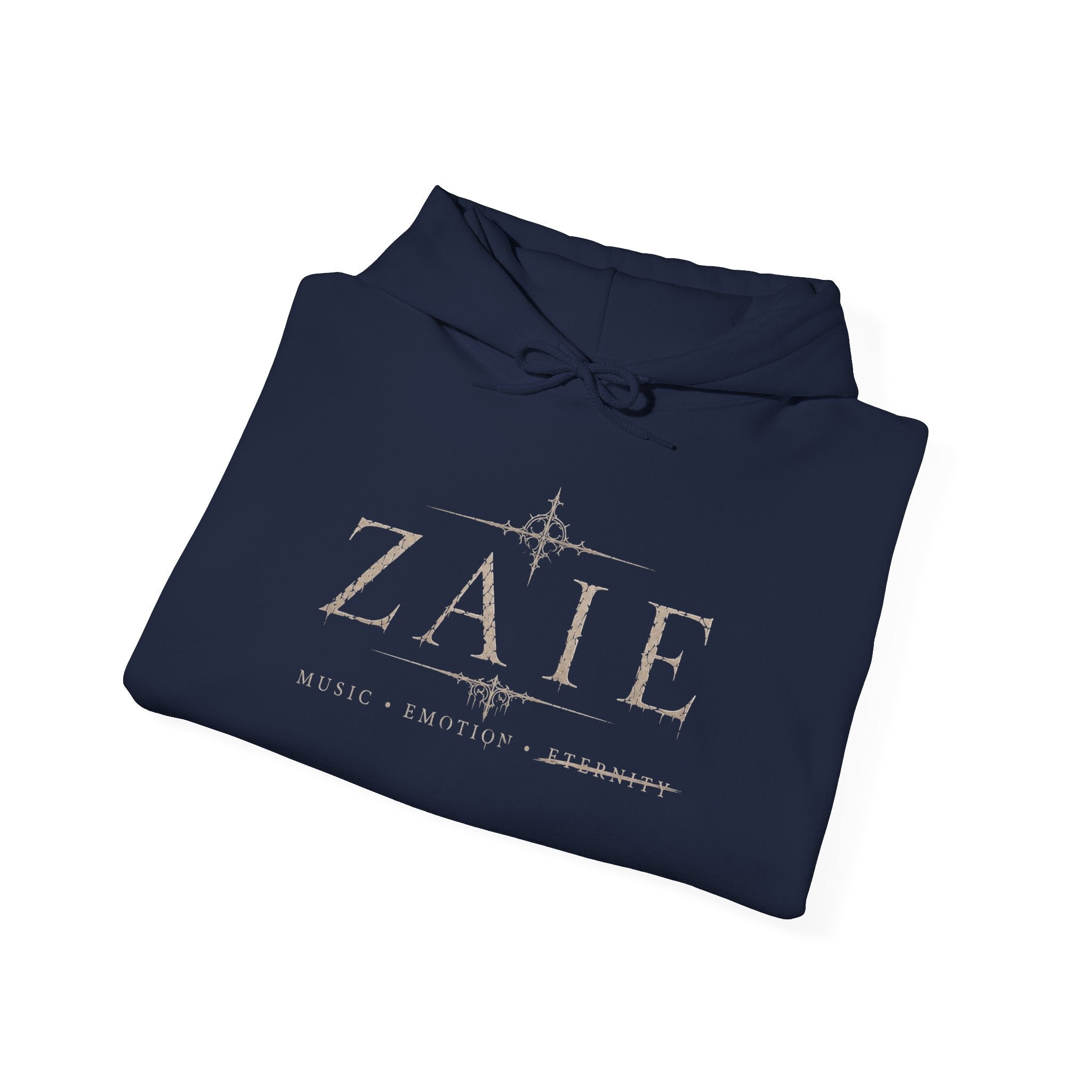 ZAIE Minimal Logo Hoodie — White Graphic Pullover with Back Art & Subtle Sleeve Detail