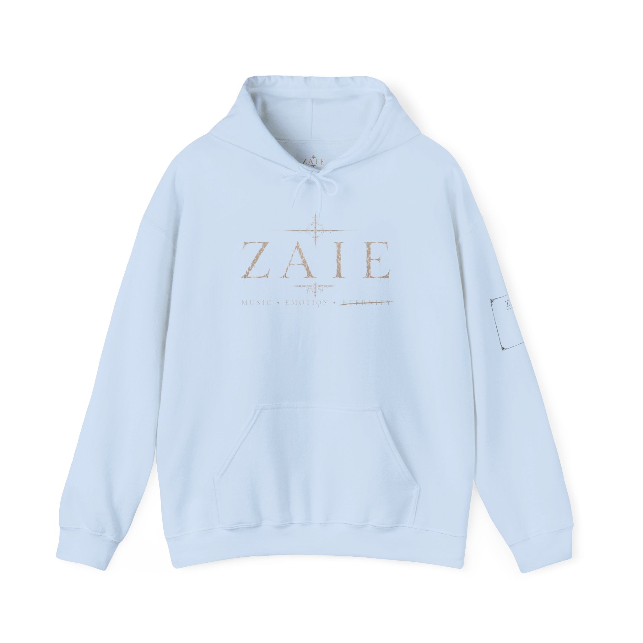 ZAIE Minimal Logo Hoodie — White Graphic Pullover with Back Art & Subtle Sleeve Detail
