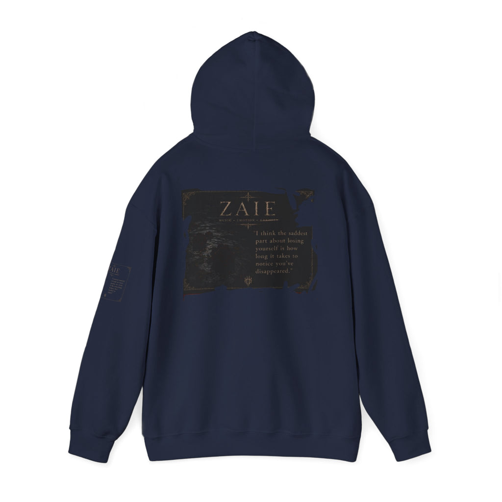 ZAIE Minimal Logo Hoodie — White Graphic Pullover with Back Art & Subtle Sleeve Detail