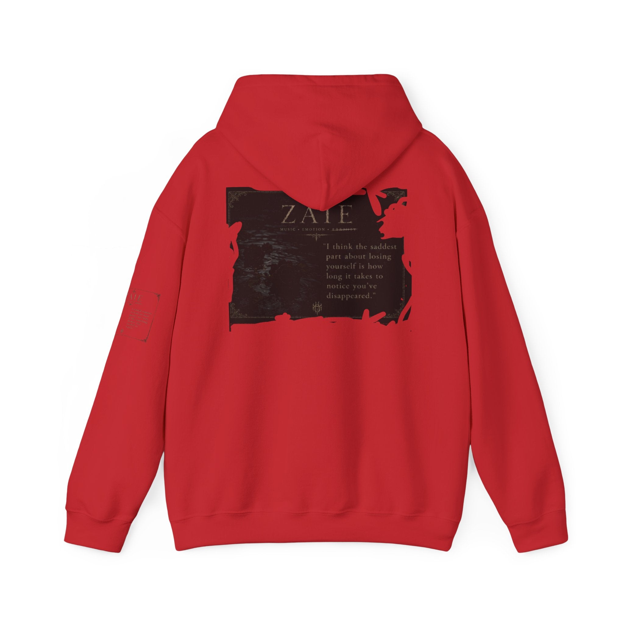 ZAIE Minimal Logo Hoodie — White Graphic Pullover with Back Art & Subtle Sleeve Detail