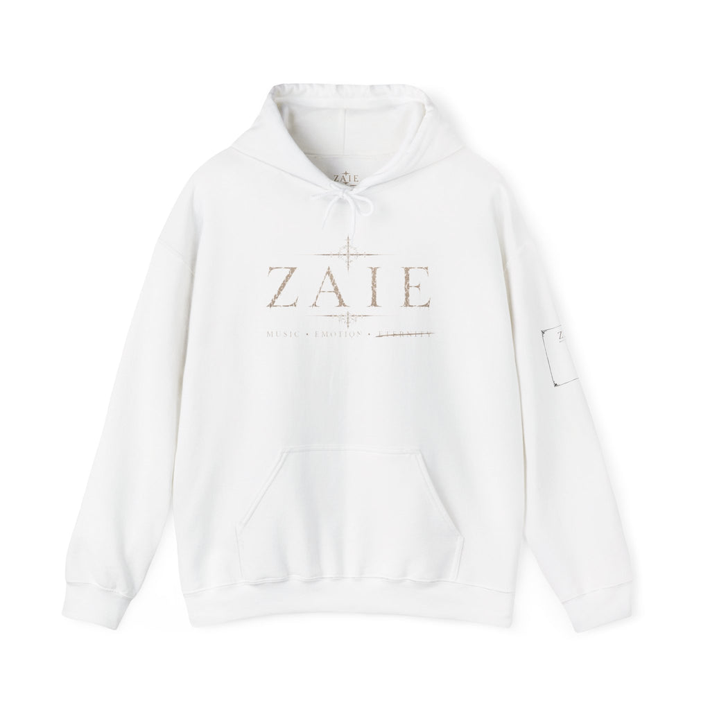ZAIE Minimal Logo Hoodie — White Graphic Pullover with Back Art & Subtle Sleeve Detail