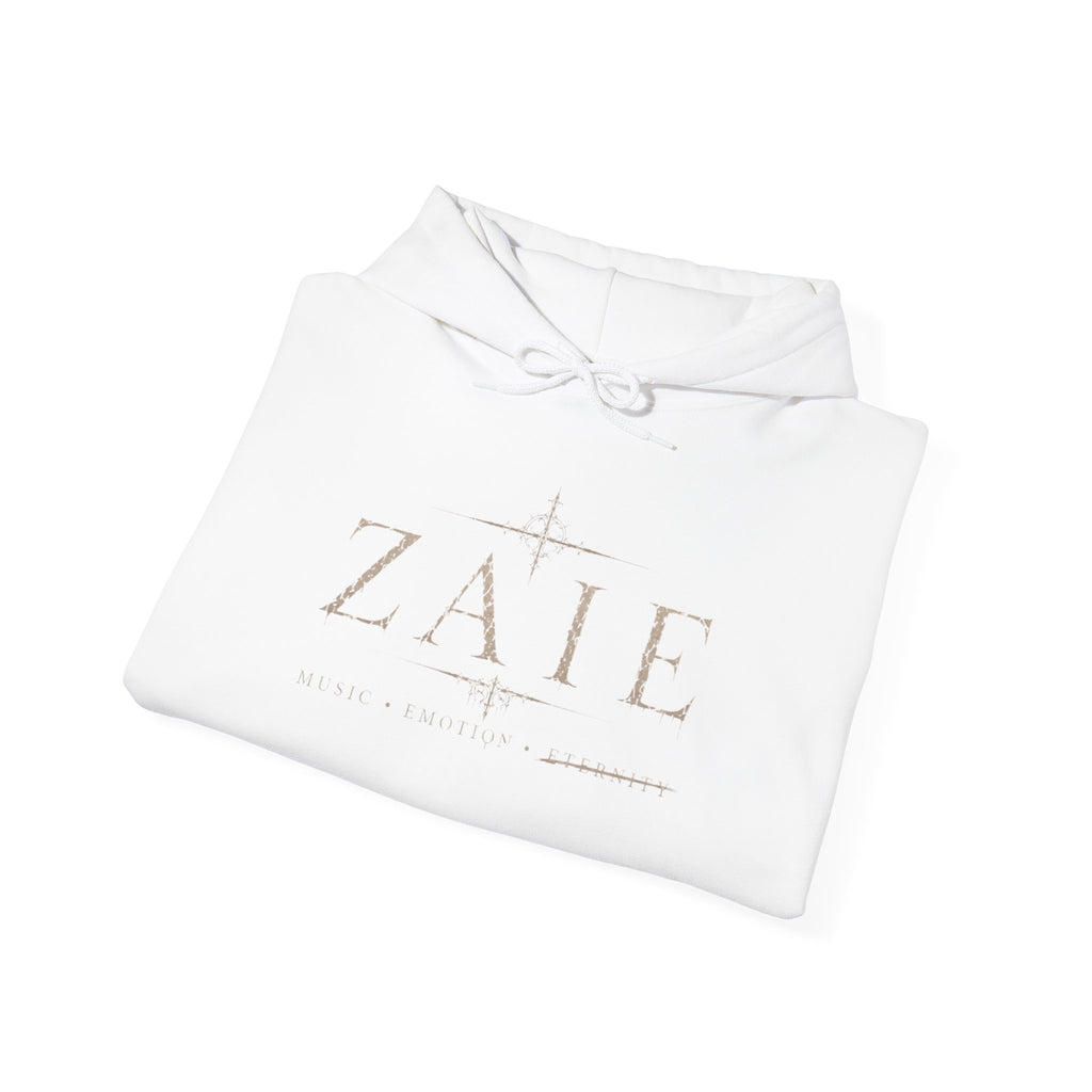 ZAIE Minimal Logo Hoodie — White Graphic Pullover with Back Art & Subtle Sleeve Detail