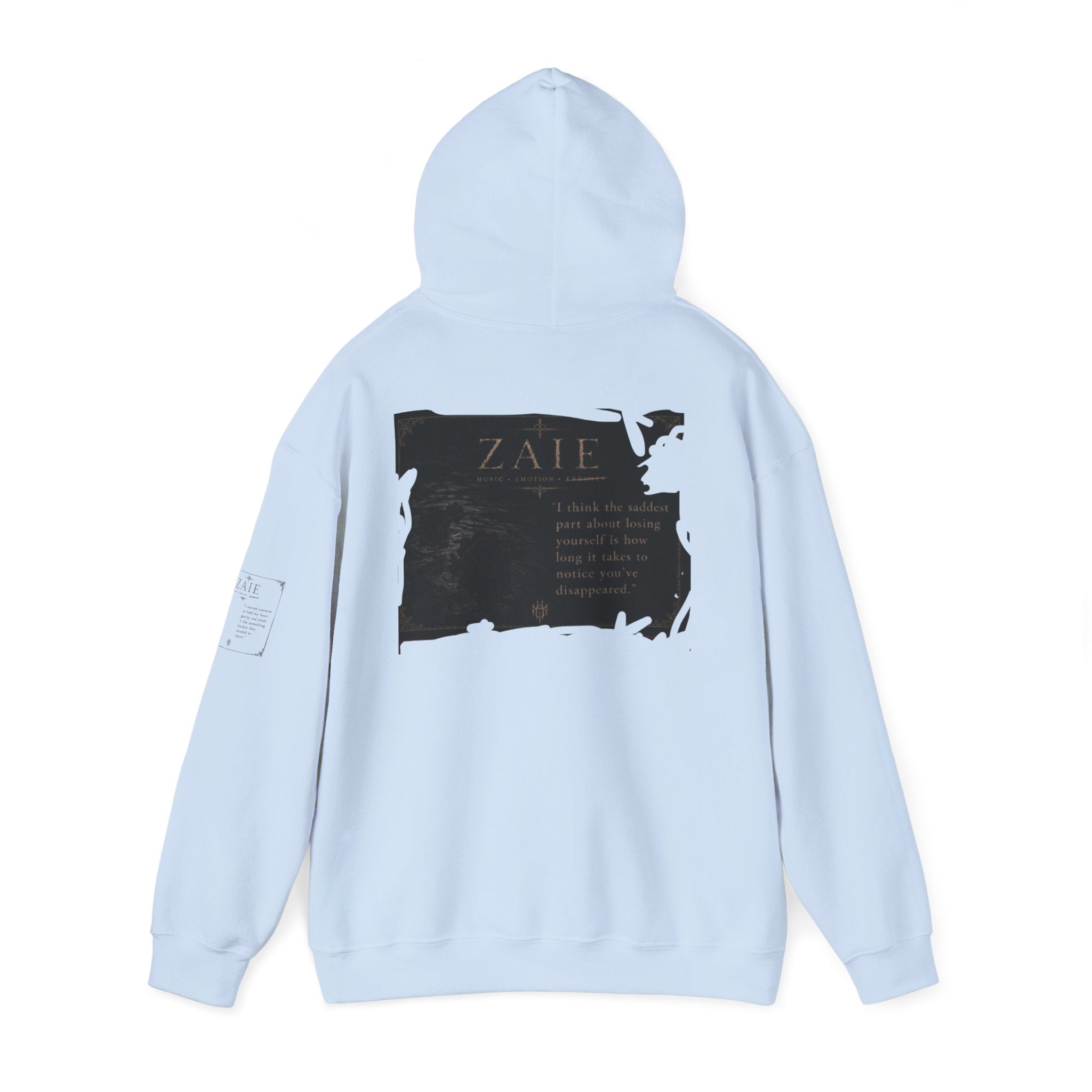 ZAIE Minimal Logo Hoodie — White Graphic Pullover with Back Art & Subtle Sleeve Detail