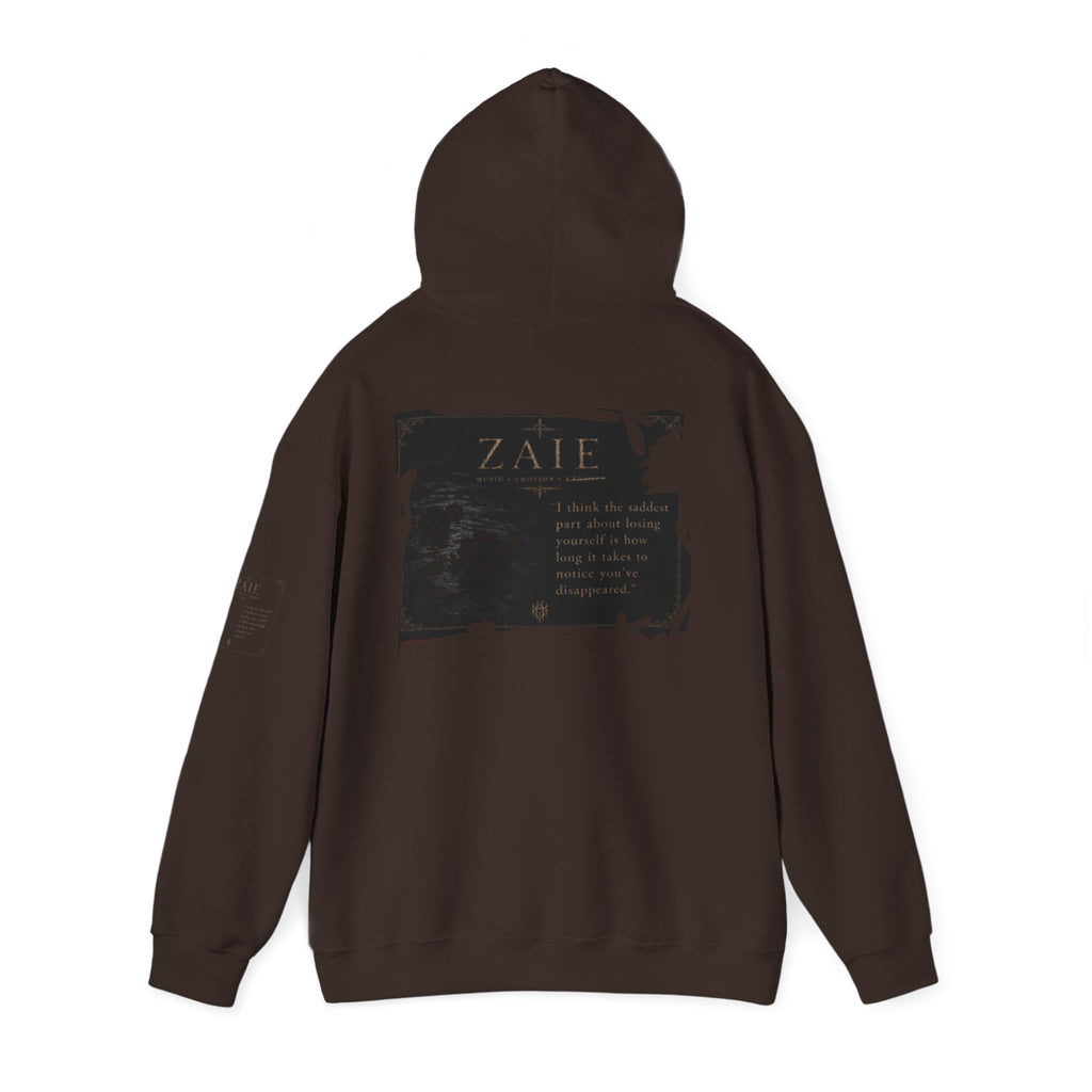 ZAIE Minimal Logo Hoodie — White Graphic Pullover with Back Art & Subtle Sleeve Detail