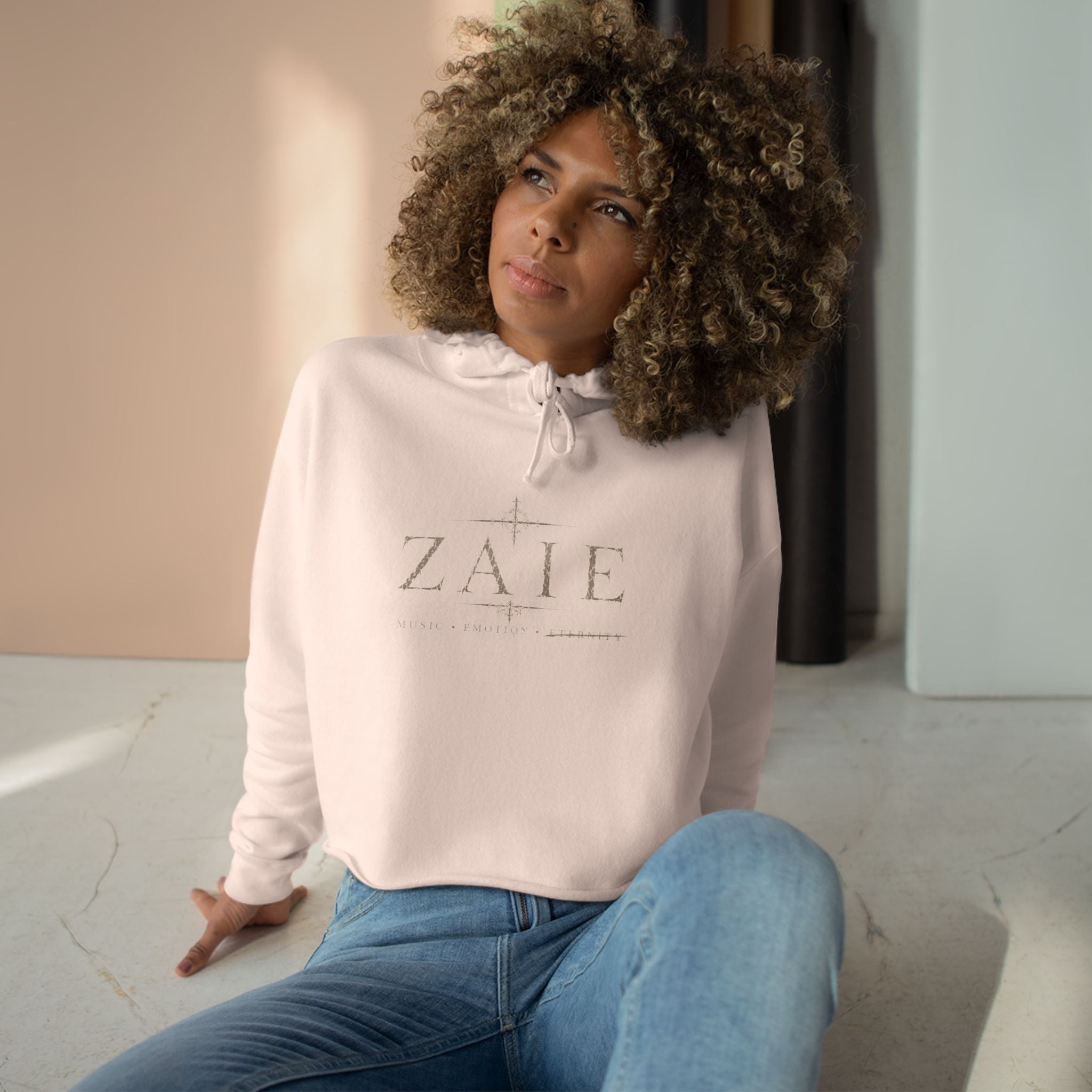 Crop Hoodie — ZAIÉ Minimal Logo Cropped Hoodie (Front Logo, Back Artwork)