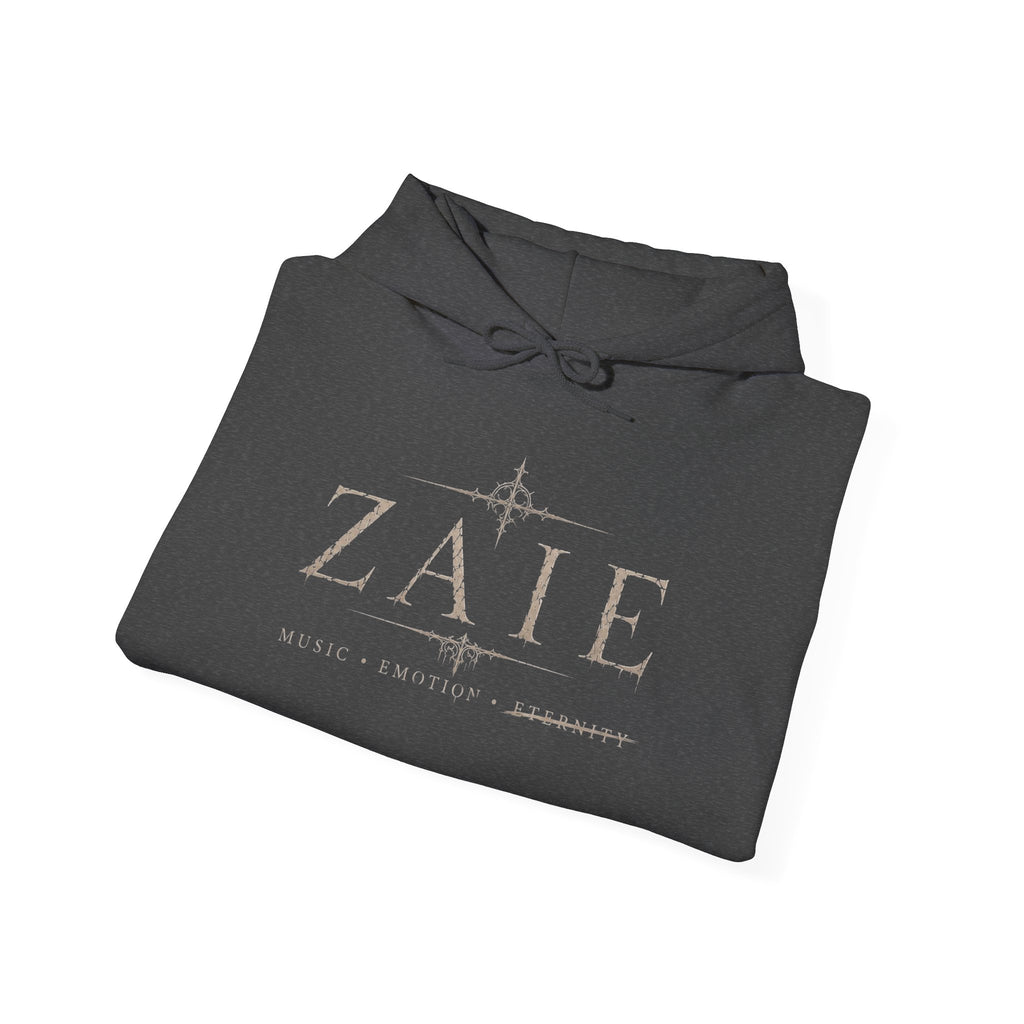 ZAIE Minimal Logo Hoodie — White Graphic Pullover with Back Art & Subtle Sleeve Detail