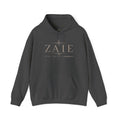 ZAIE Minimal Logo Hoodie — White Graphic Pullover with Back Art & Subtle Sleeve Detail