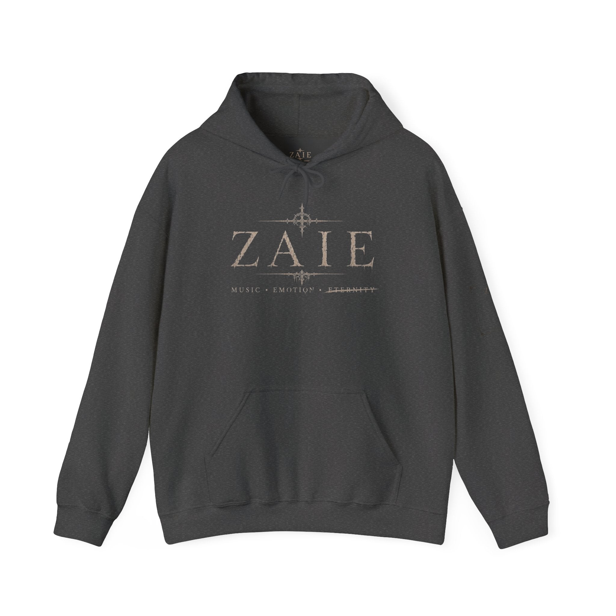 ZAIE Minimal Logo Hoodie — White Graphic Pullover with Back Art & Subtle Sleeve Detail