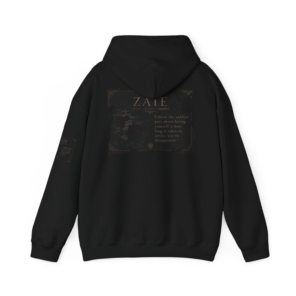 ZAIE Minimal Logo Hoodie — White Graphic Pullover with Back Art & Subtle Sleeve Detail