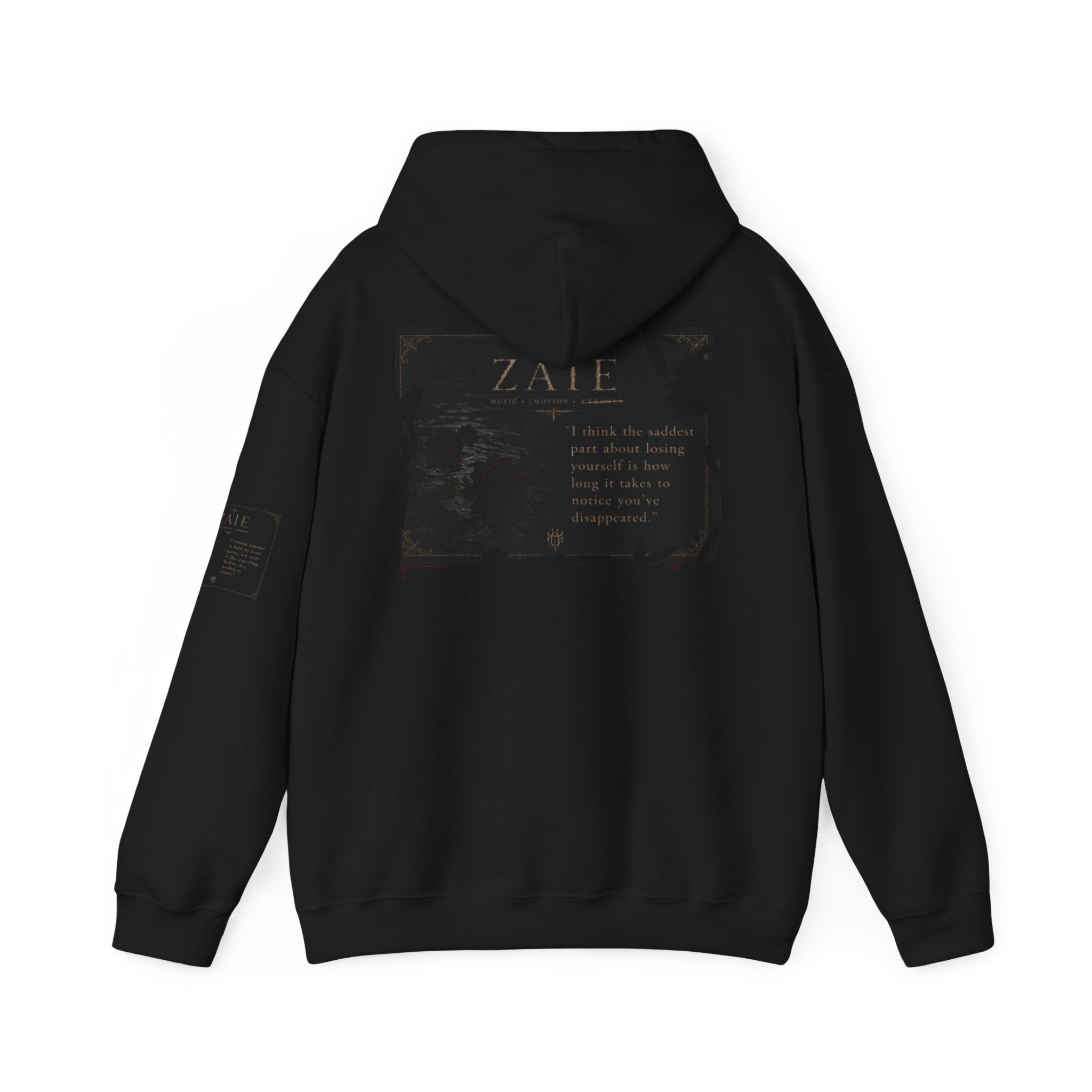 ZAIE Minimal Logo Hoodie — White Graphic Pullover with Back Art & Subtle Sleeve Detail