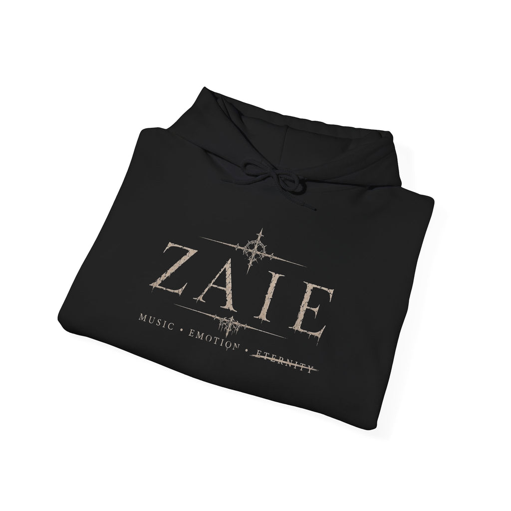 ZAIE Minimal Logo Hoodie — White Graphic Pullover with Back Art & Subtle Sleeve Detail