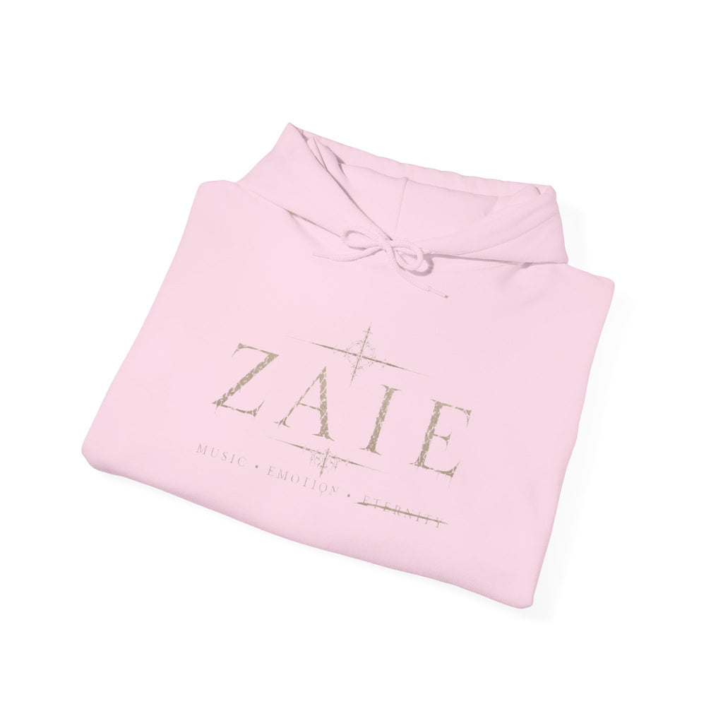 ZAIE Minimal Logo Hoodie — White Graphic Pullover with Back Art & Subtle Sleeve Detail