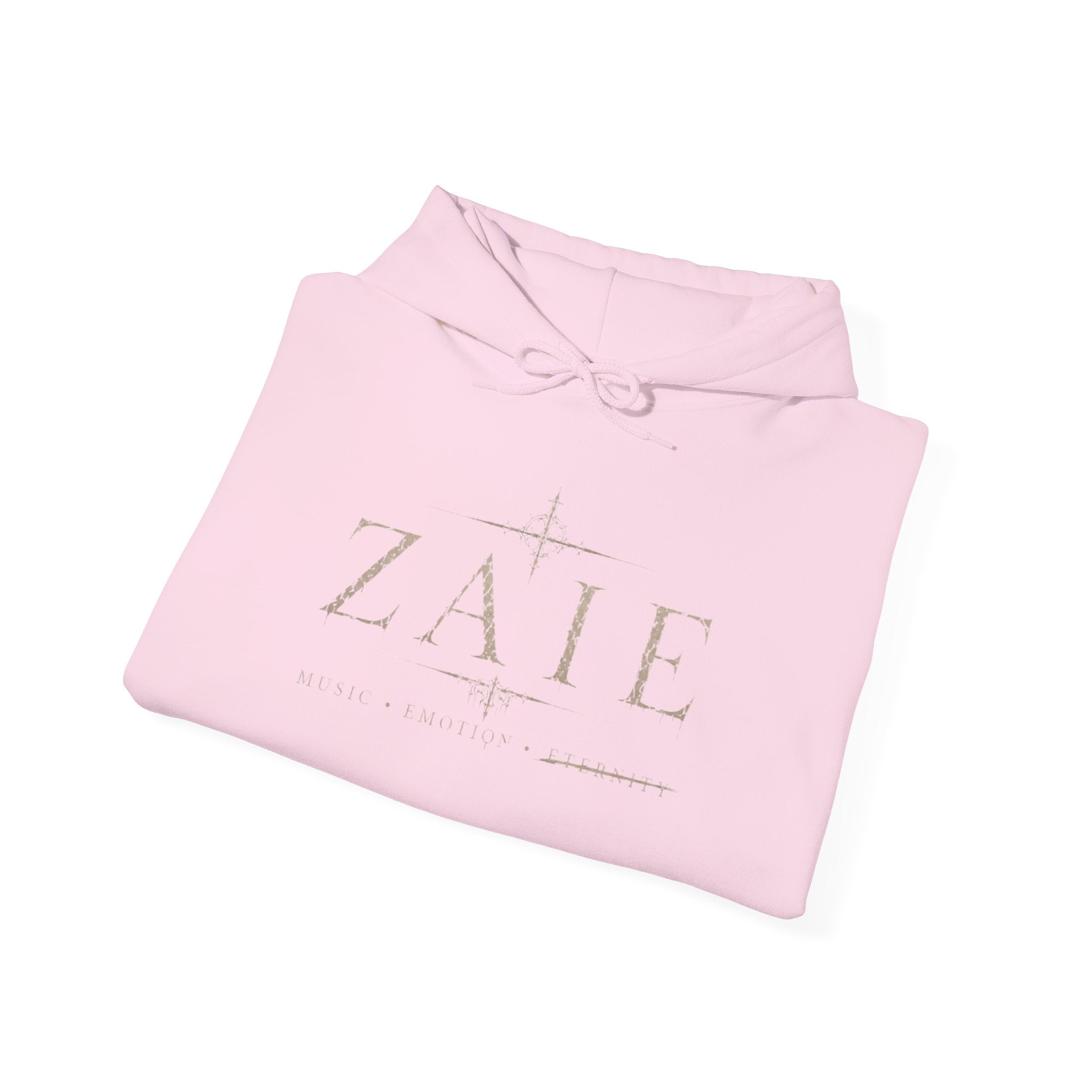 ZAIE Minimal Logo Hoodie — White Graphic Pullover with Back Art & Subtle Sleeve Detail