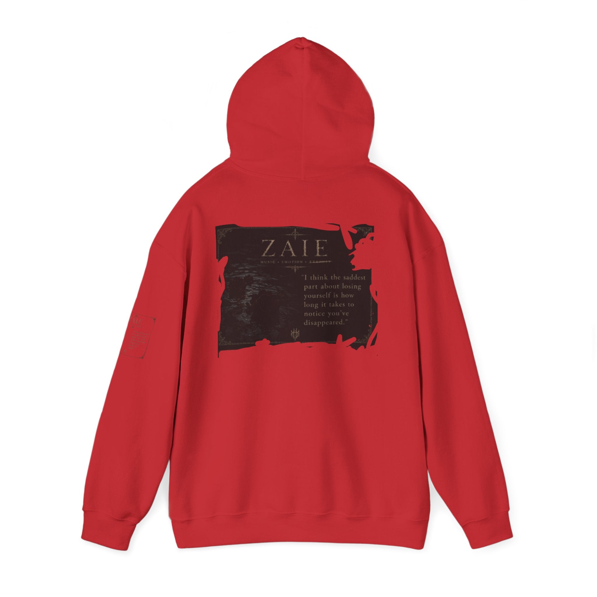 ZAIE Minimal Logo Hoodie — White Graphic Pullover with Back Art & Subtle Sleeve Detail
