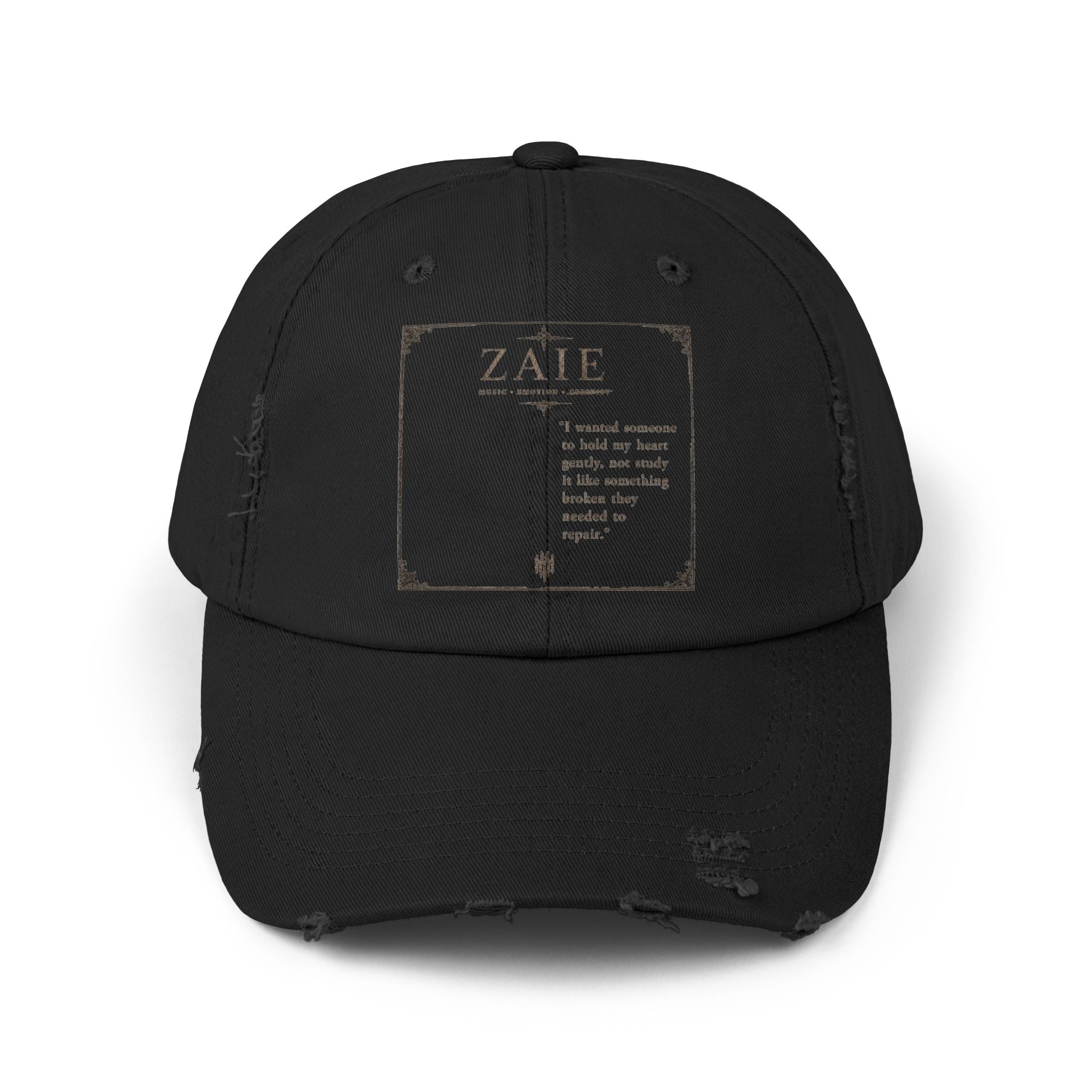 Distressed Black Patch Cap — Vintage ZATE Label Baseball Hat