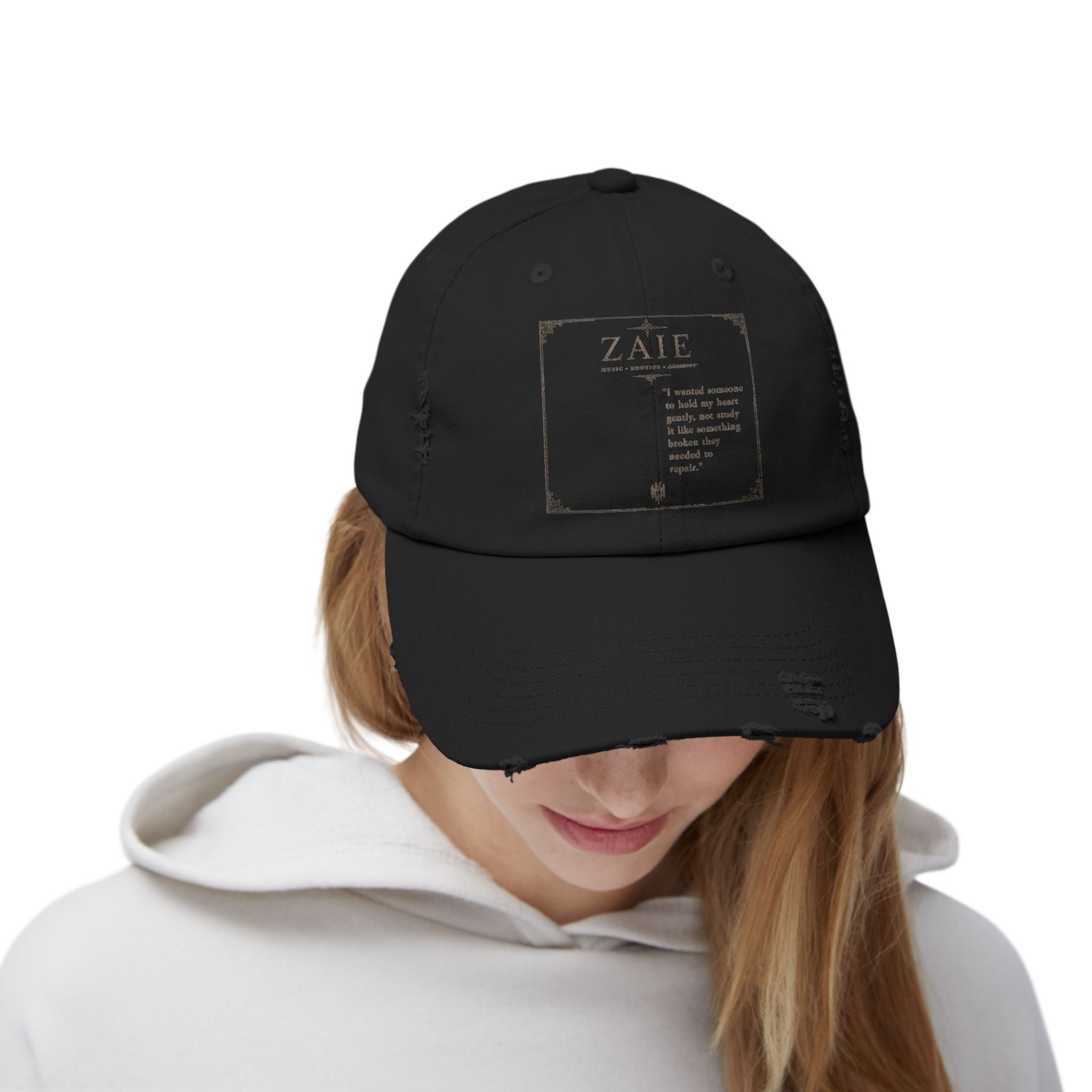 Distressed Black Patch Cap — Vintage ZATE Label Baseball Hat