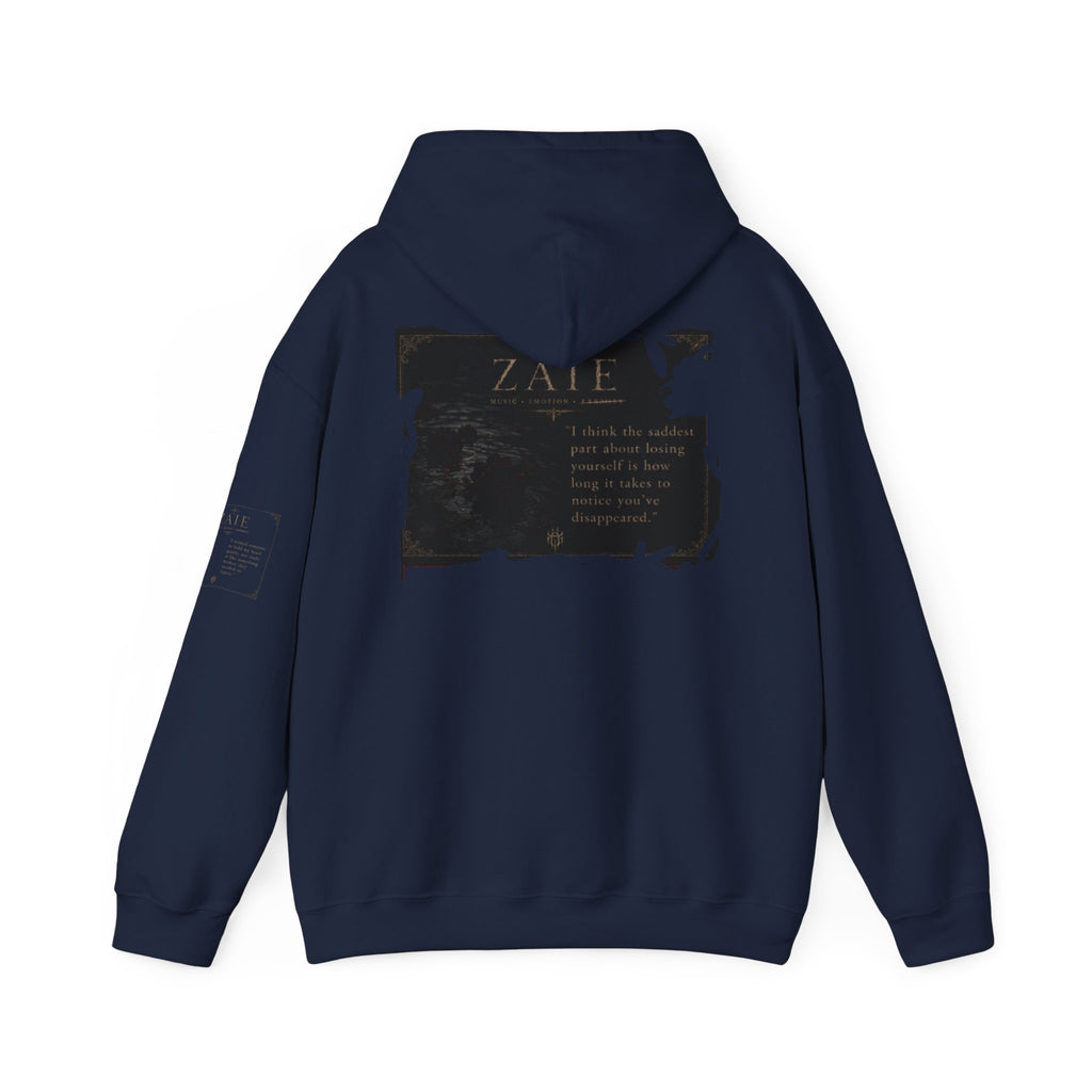 ZAIE Minimal Logo Hoodie — White Graphic Pullover with Back Art & Subtle Sleeve Detail