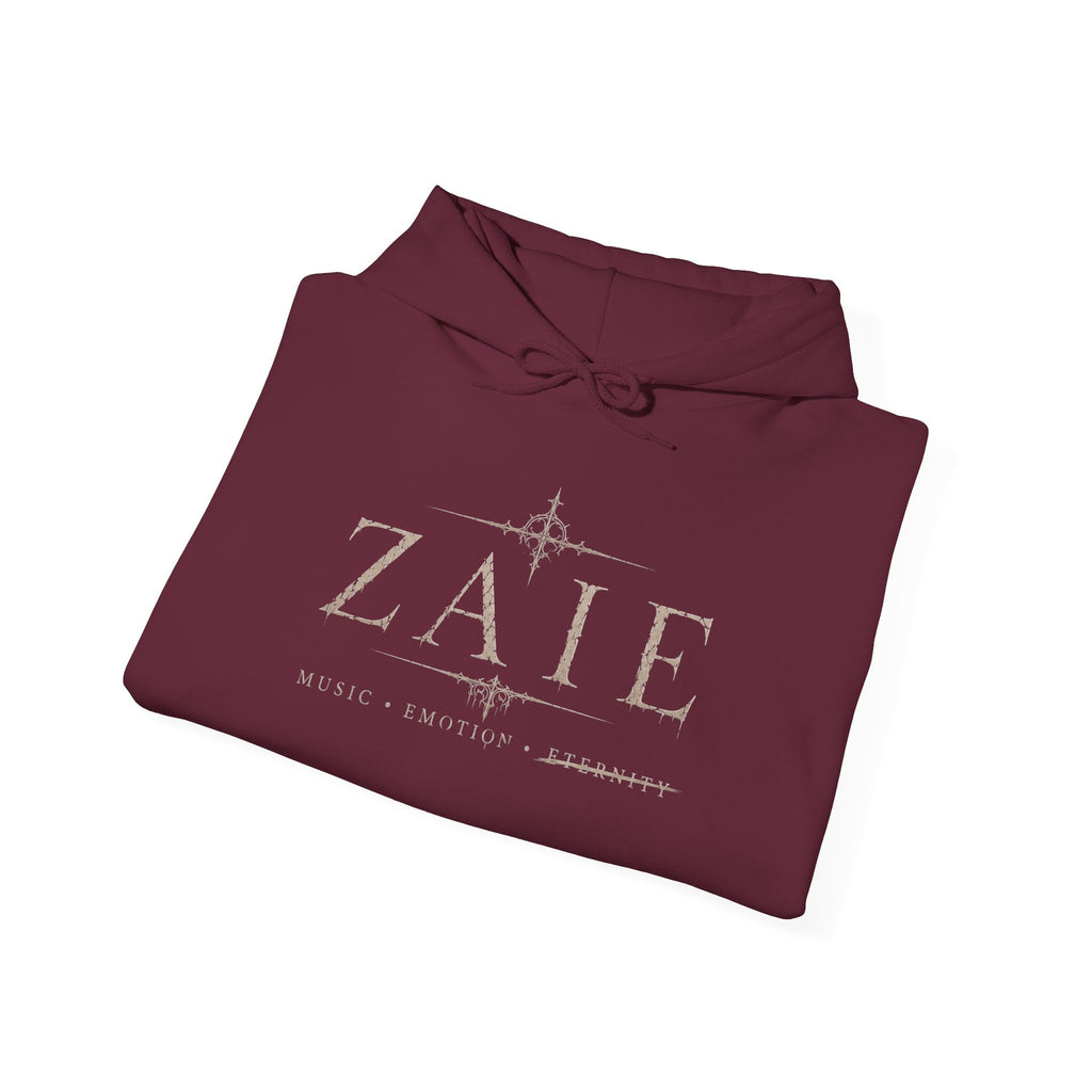 ZAIE Minimal Logo Hoodie — White Graphic Pullover with Back Art & Subtle Sleeve Detail