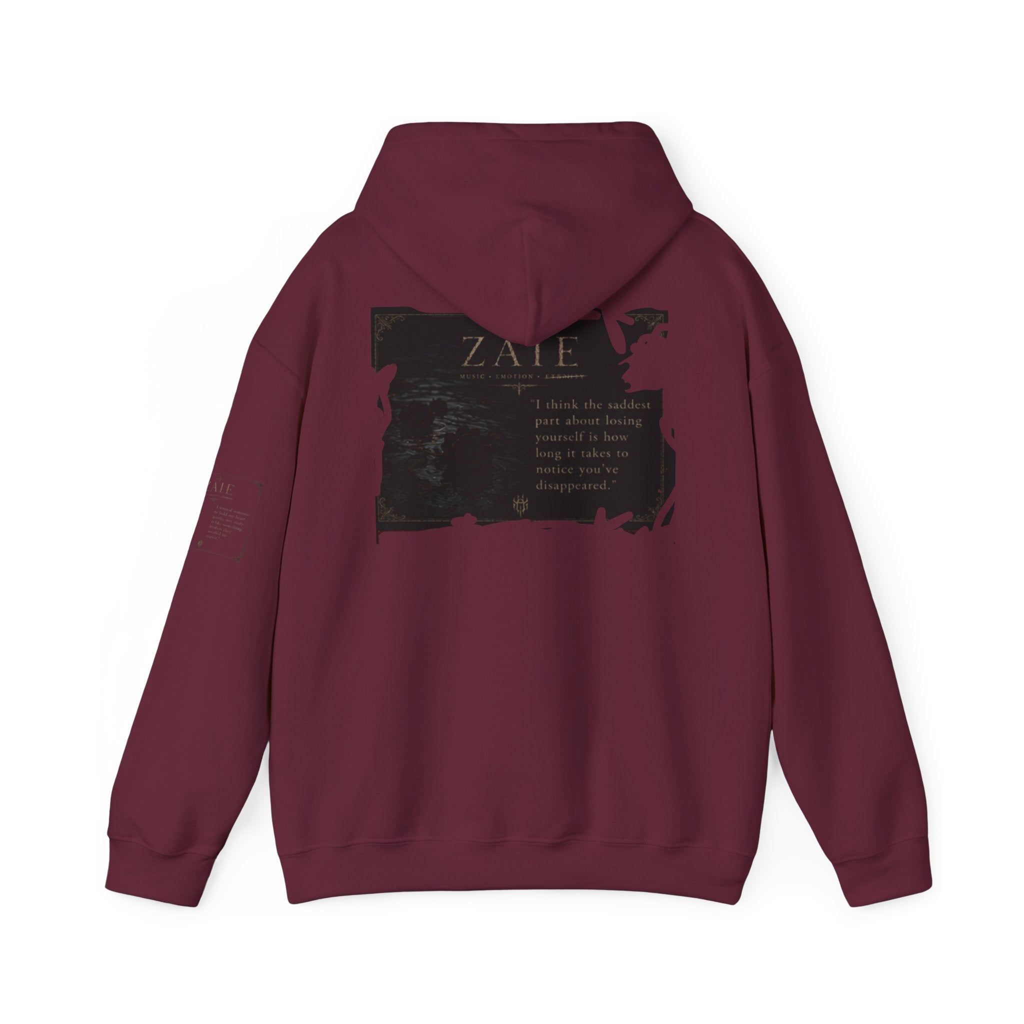 ZAIE Minimal Logo Hoodie — White Graphic Pullover with Back Art & Subtle Sleeve Detail