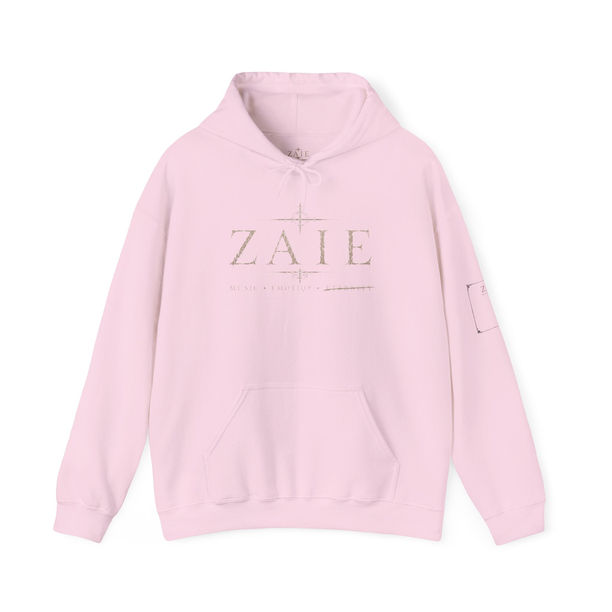 ZAIE Minimal Logo Hoodie — White Graphic Pullover with Back Art & Subtle Sleeve Detail
