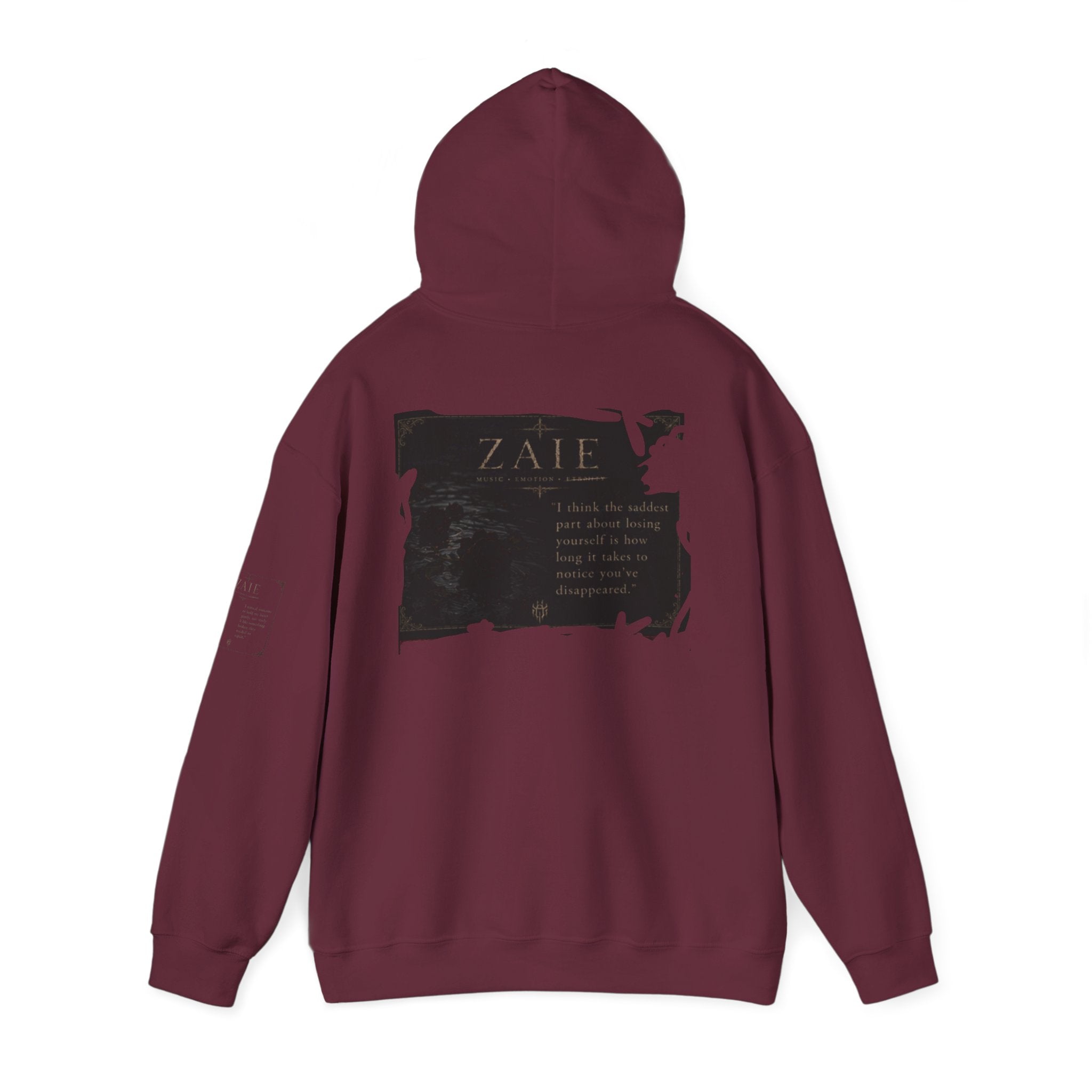 ZAIE Minimal Logo Hoodie — White Graphic Pullover with Back Art & Subtle Sleeve Detail