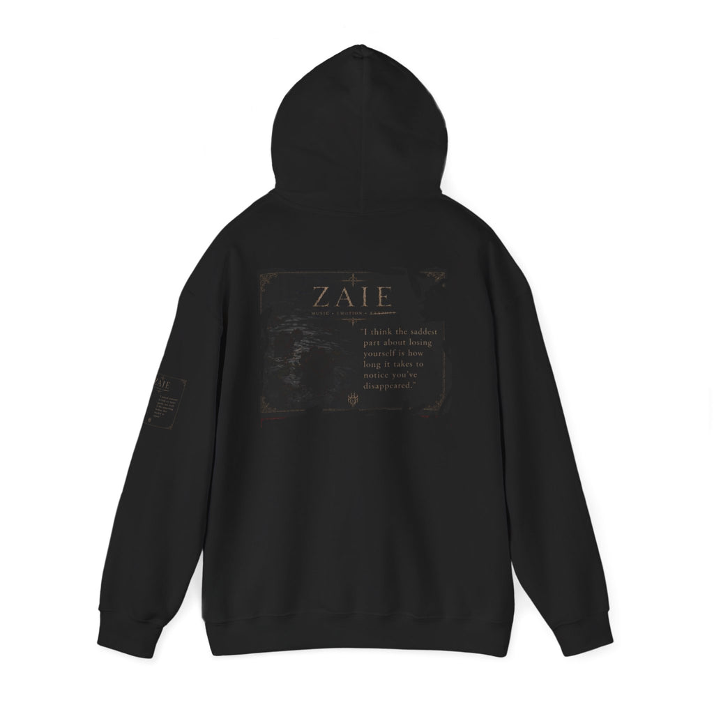 ZAIE Minimal Logo Hoodie — White Graphic Pullover with Back Art & Subtle Sleeve Detail