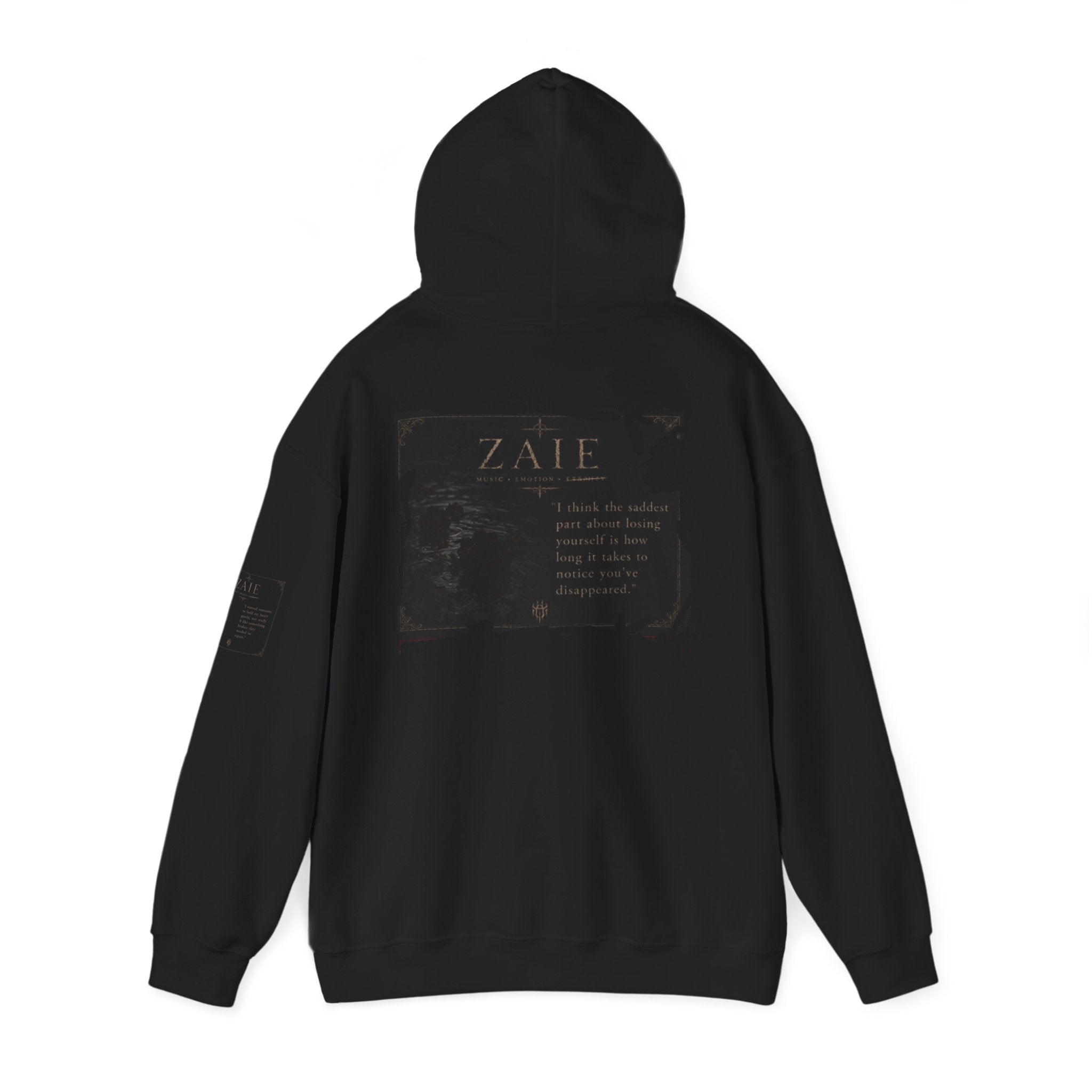 ZAIE Minimal Logo Hoodie — White Graphic Pullover with Back Art & Subtle Sleeve Detail