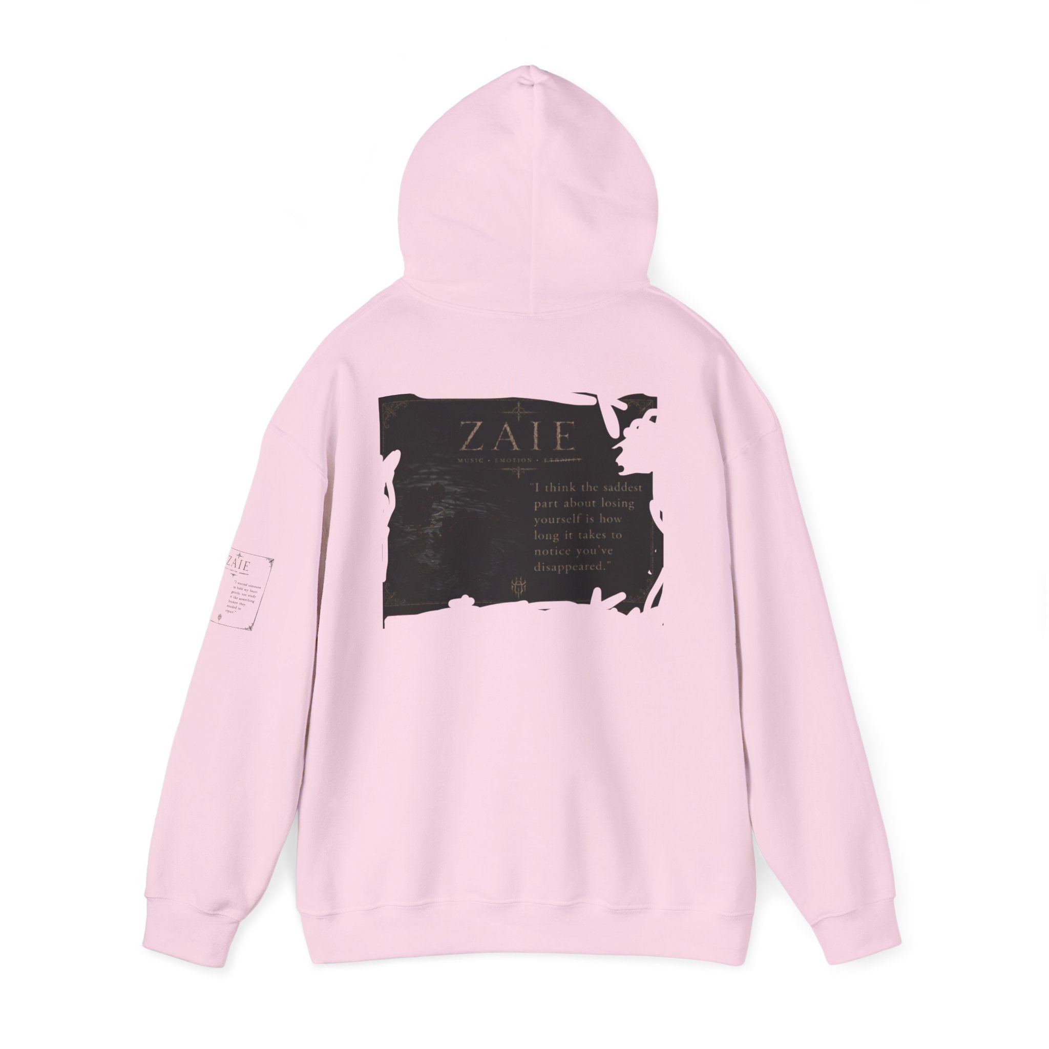 ZAIE Minimal Logo Hoodie — White Graphic Pullover with Back Art & Subtle Sleeve Detail