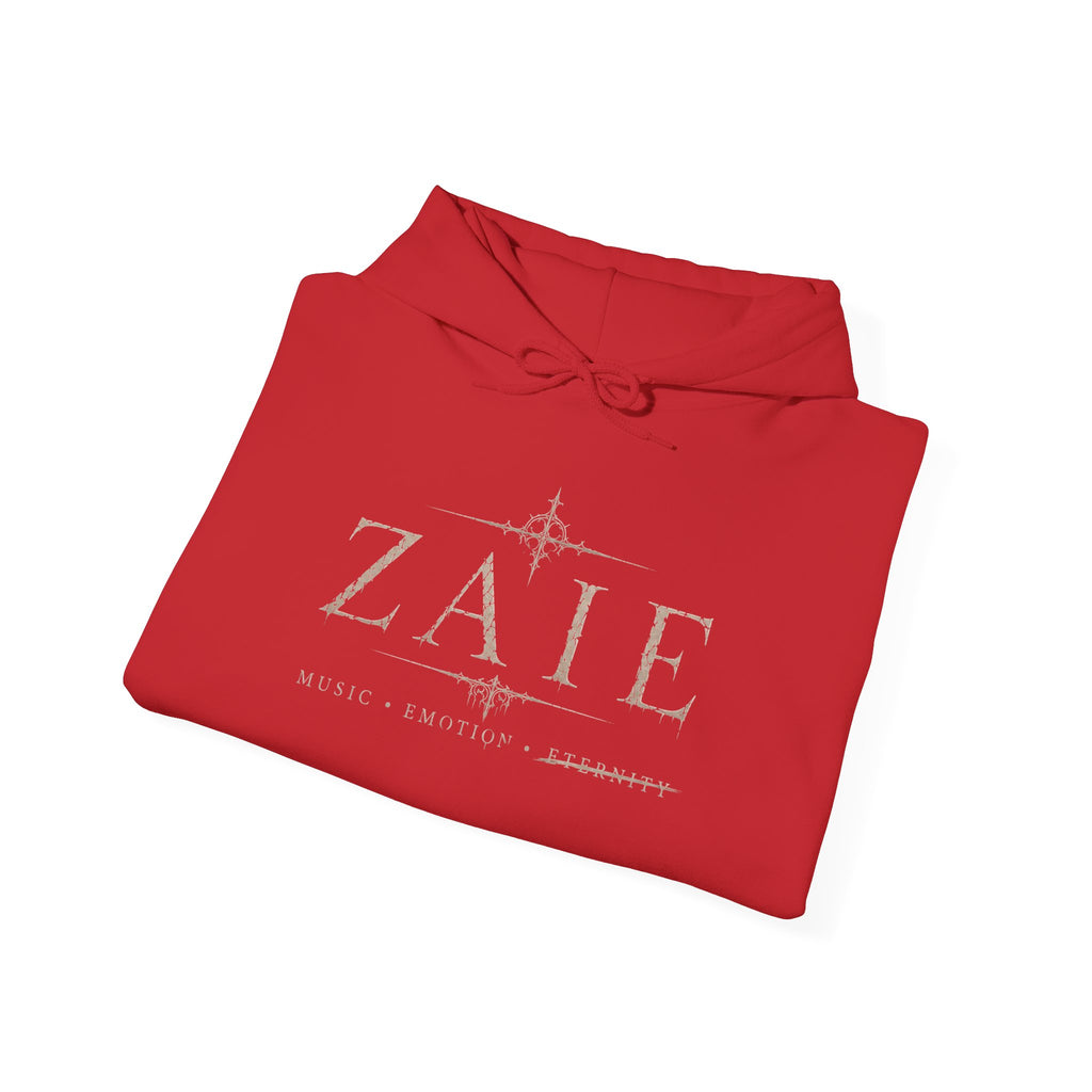 ZAIE Minimal Logo Hoodie — White Graphic Pullover with Back Art & Subtle Sleeve Detail