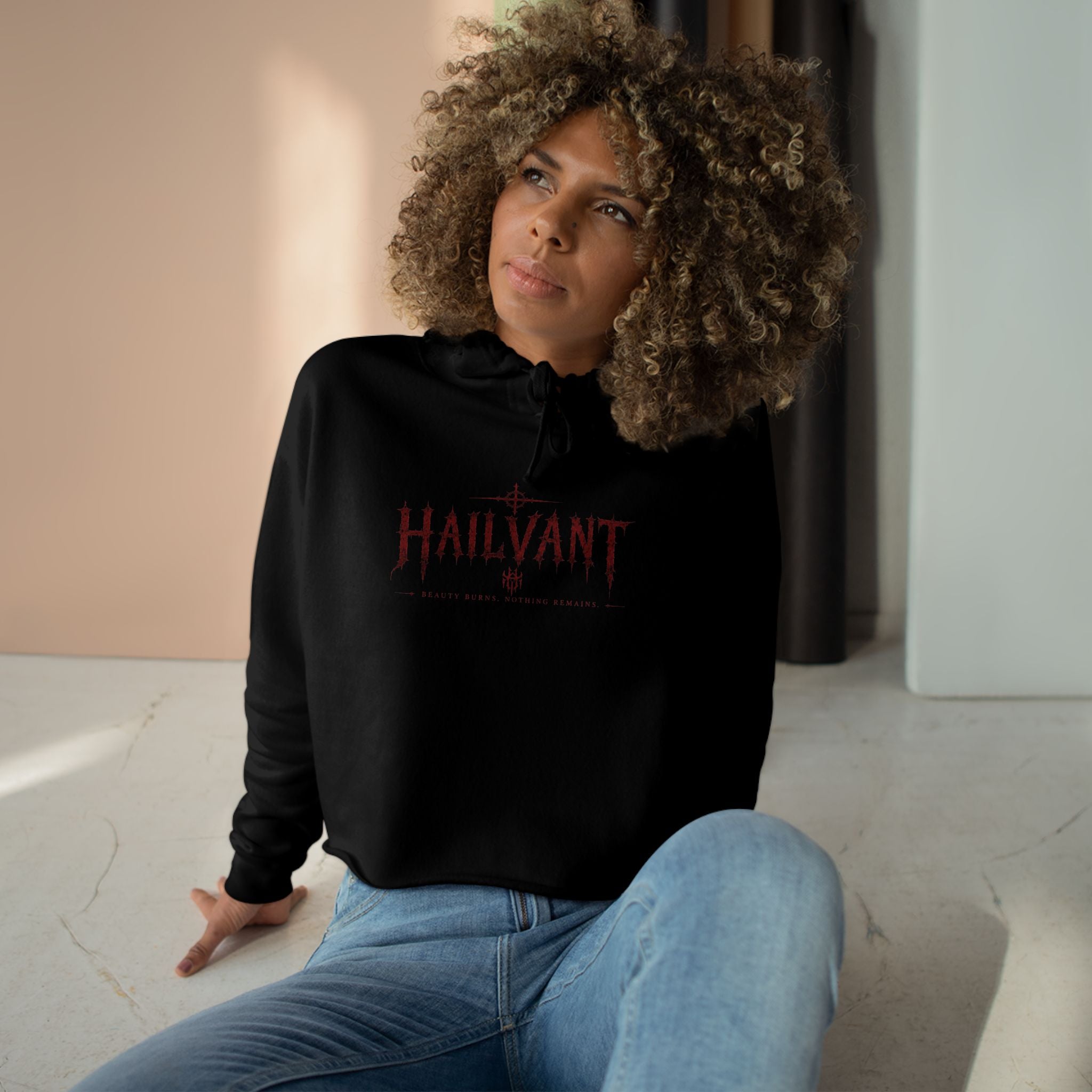 Hailvant Cropped Hoodie – Gothic Logo & Dark Art Back Print