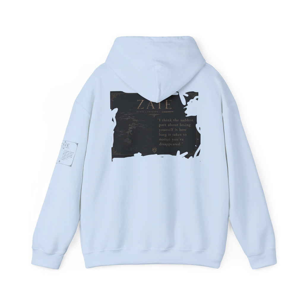 ZAIE Minimal Logo Hoodie — White Graphic Pullover with Back Art & Subtle Sleeve Detail