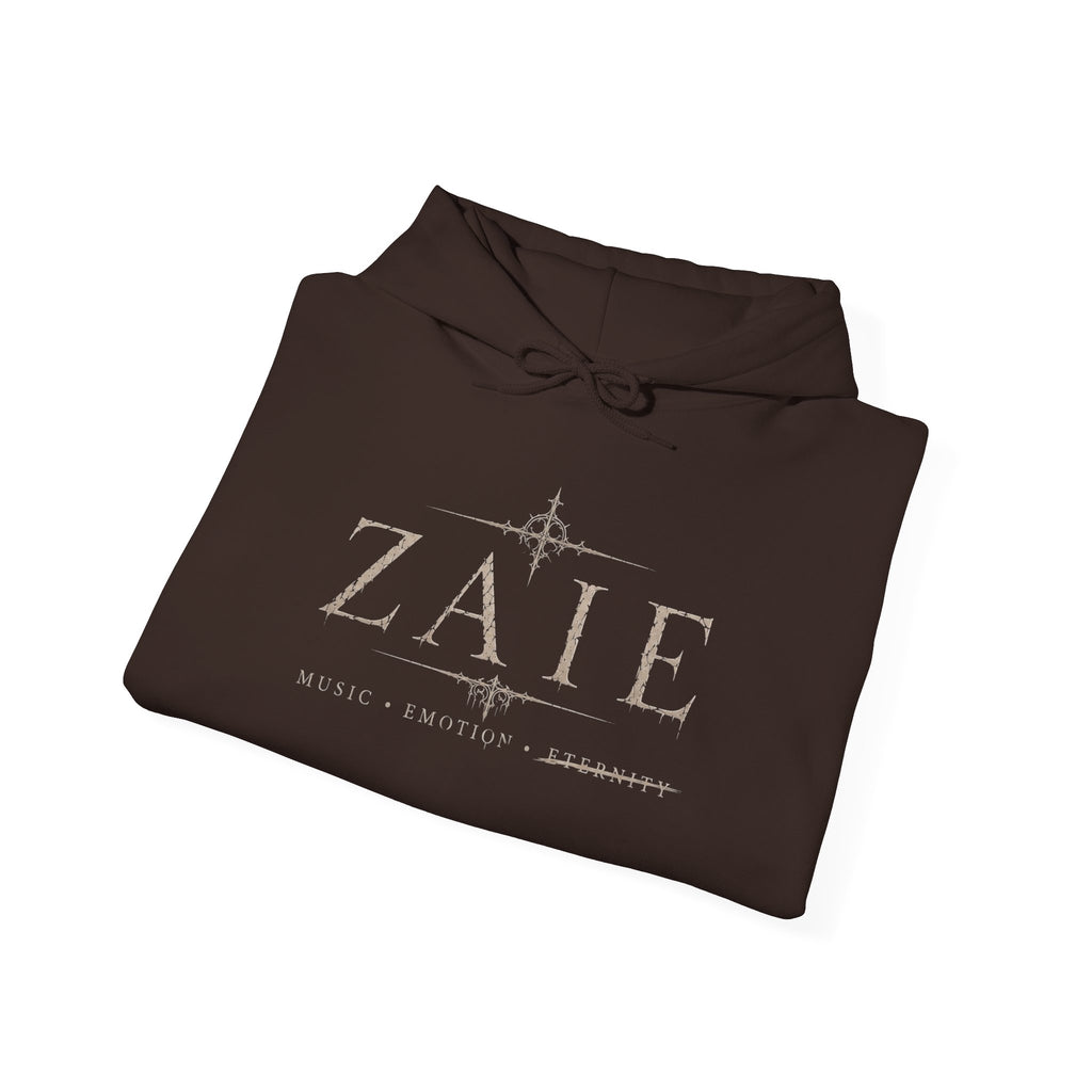 ZAIE Minimal Logo Hoodie — White Graphic Pullover with Back Art & Subtle Sleeve Detail