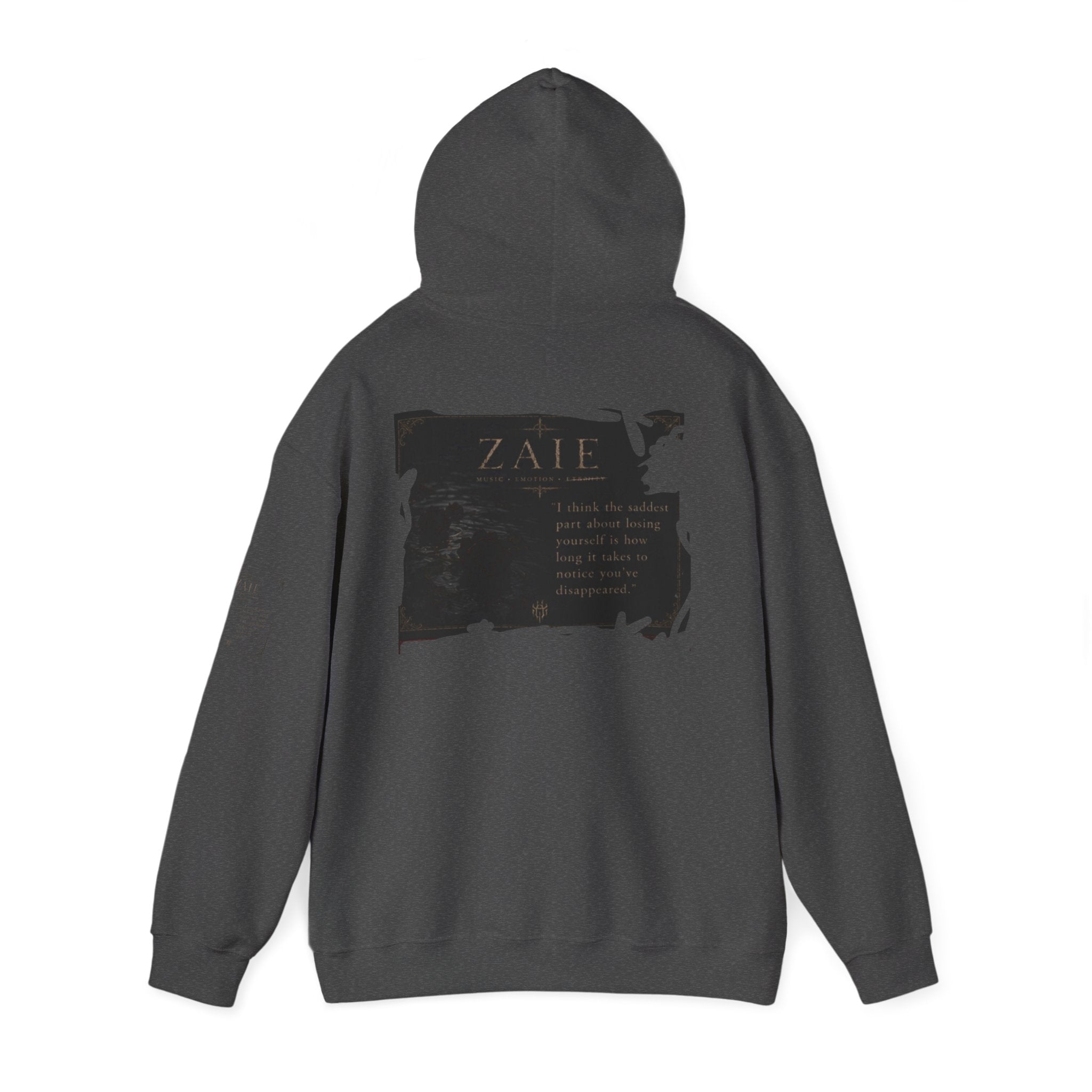 ZAIE Minimal Logo Hoodie — White Graphic Pullover with Back Art & Subtle Sleeve Detail