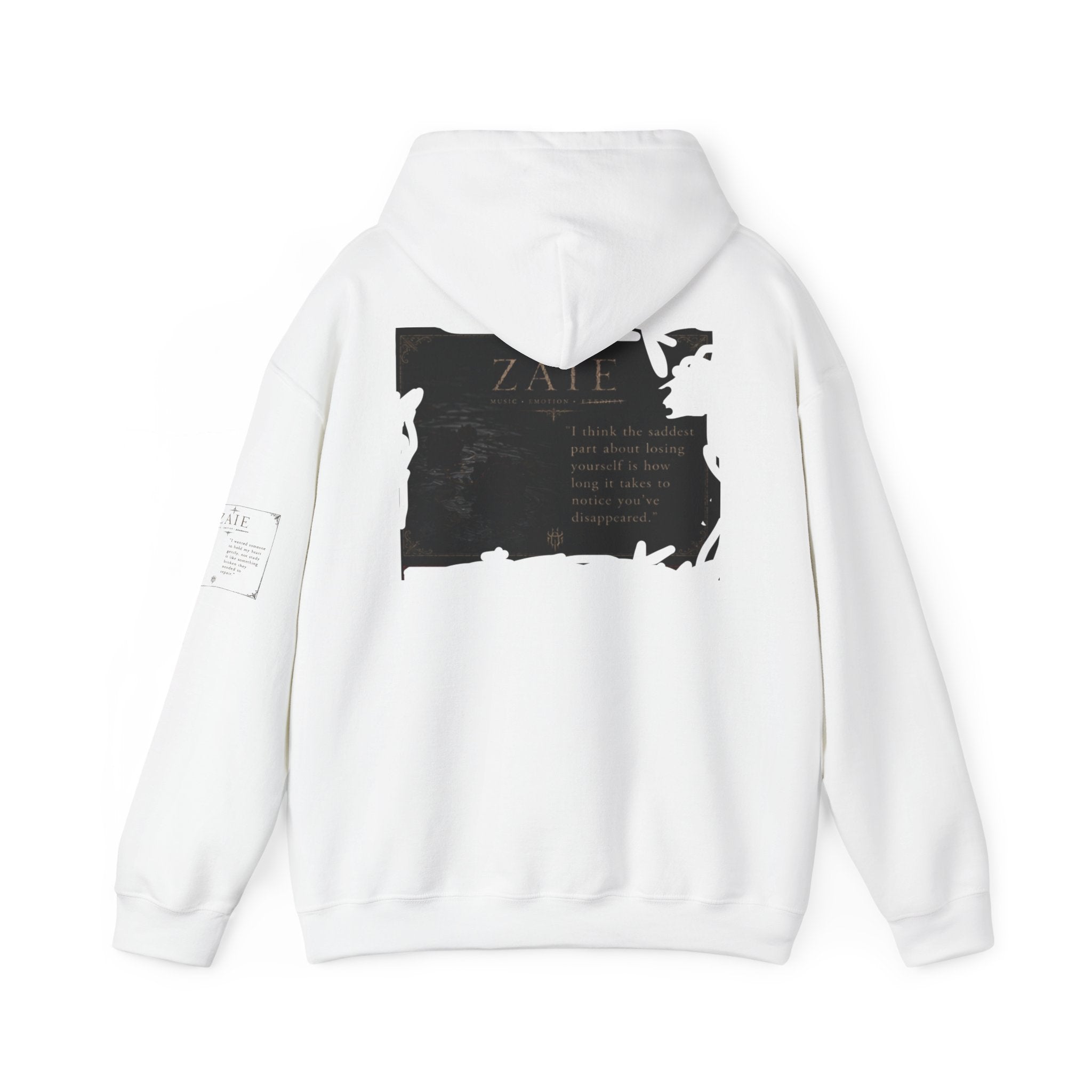 ZAIE Minimal Logo Hoodie — White Graphic Pullover with Back Art & Subtle Sleeve Detail