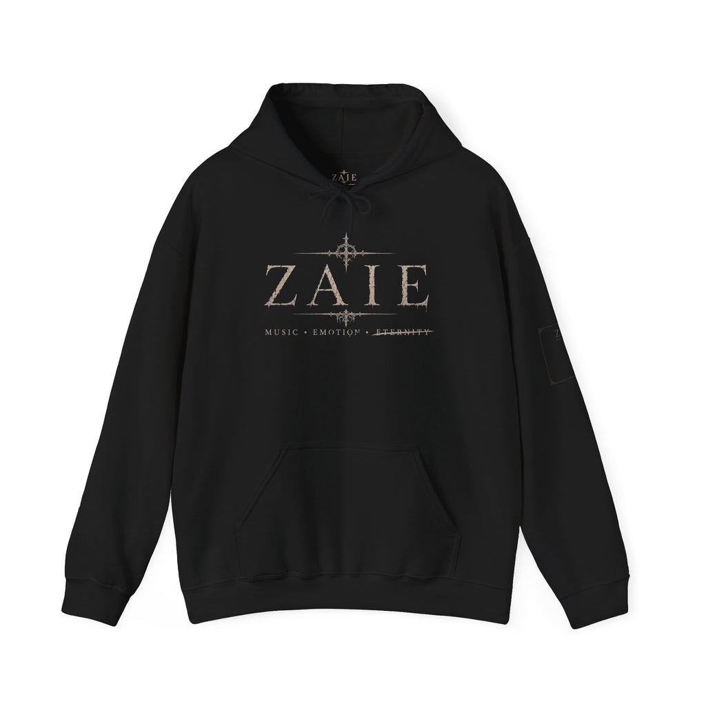 ZAIE Minimal Logo Hoodie — White Graphic Pullover with Back Art & Subtle Sleeve Detail