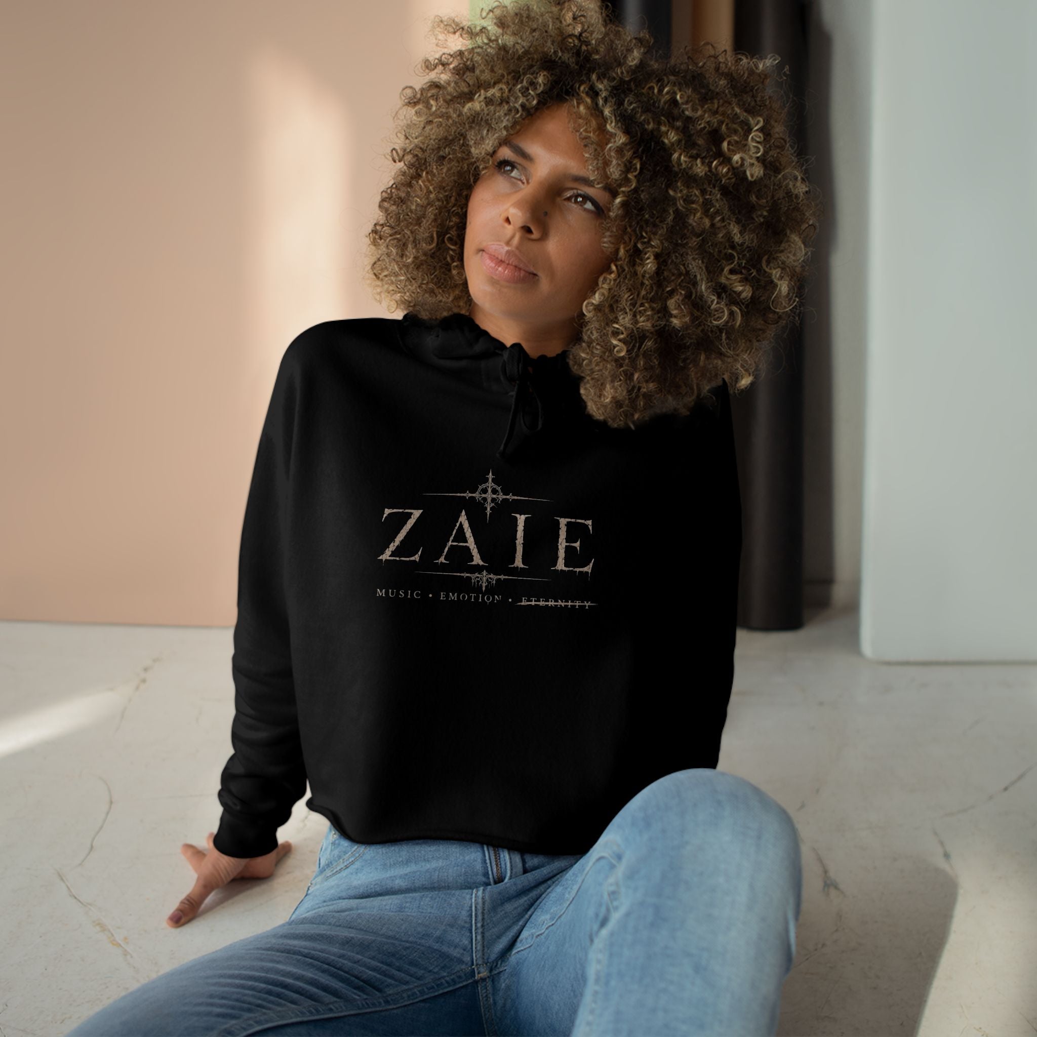 Crop Hoodie — ZAIÉ Minimal Logo Cropped Hoodie (Front Logo, Back Artwork)