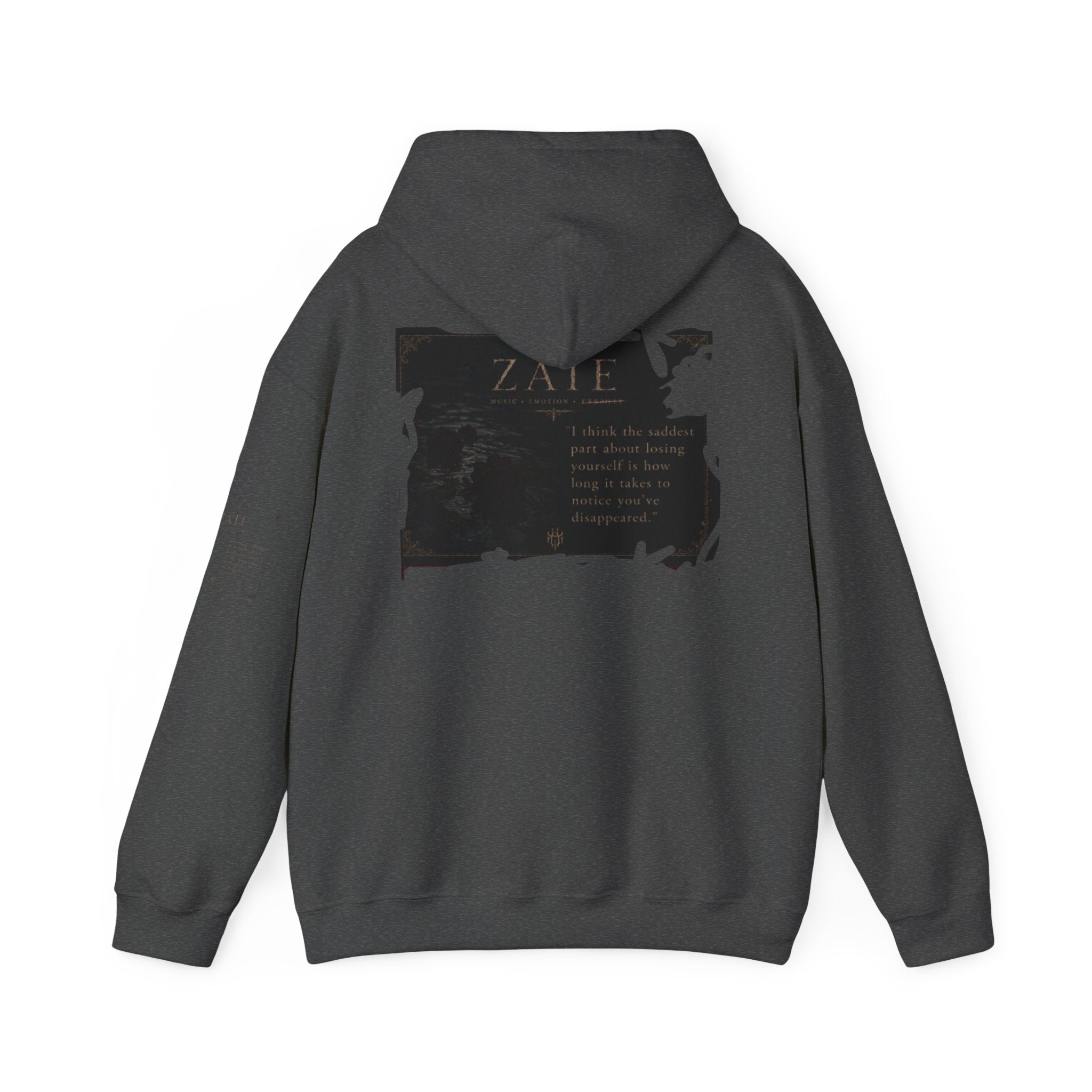ZAIE Minimal Logo Hoodie — White Graphic Pullover with Back Art & Subtle Sleeve Detail