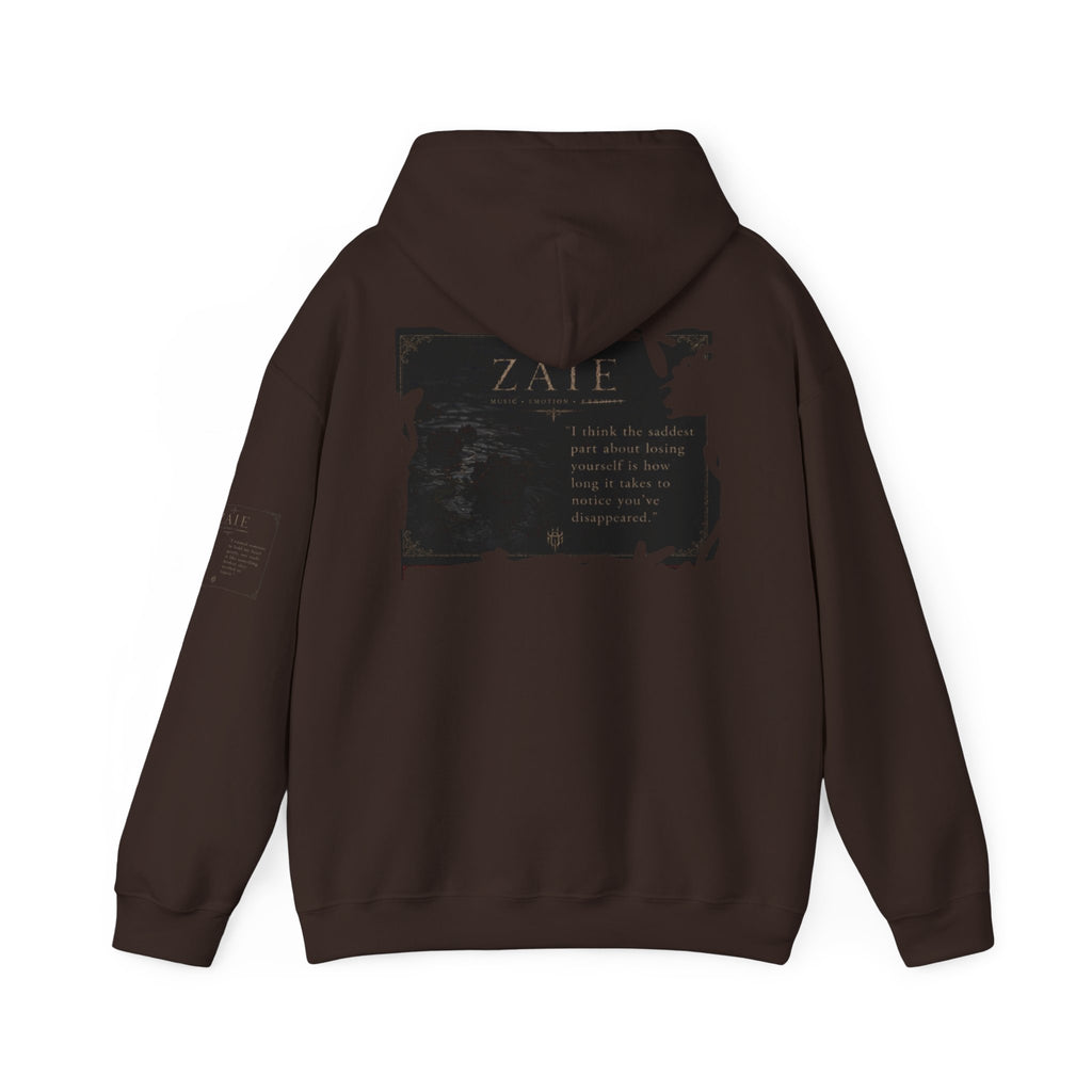 ZAIE Minimal Logo Hoodie — White Graphic Pullover with Back Art & Subtle Sleeve Detail