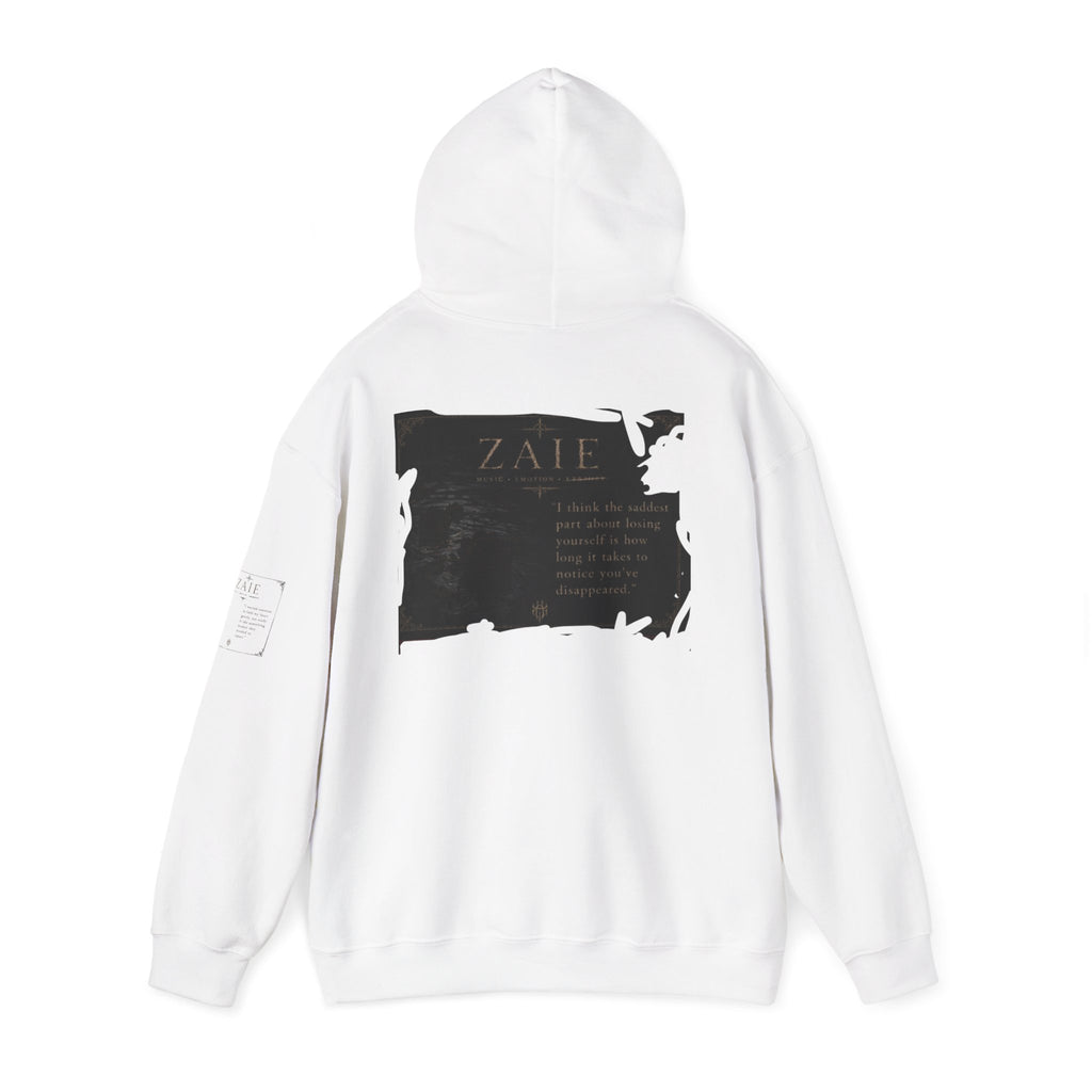 ZAIE Minimal Logo Hoodie — White Graphic Pullover with Back Art & Subtle Sleeve Detail