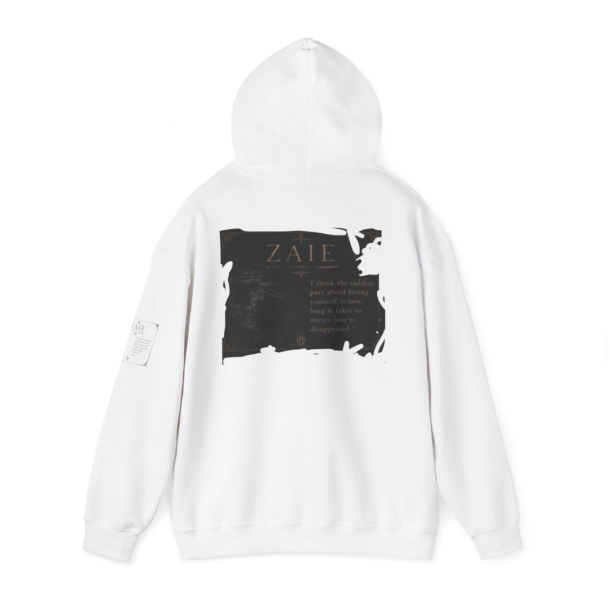 ZAIE Minimal Logo Hoodie — White Graphic Pullover with Back Art & Subtle Sleeve Detail