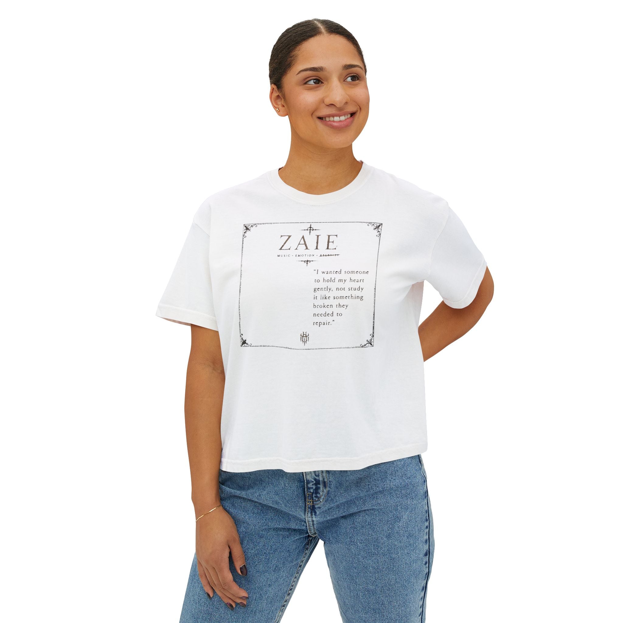 ZAIE Aesthetic Boxy Tee — Minimal Poem Graphic Cropped T‑Shirt