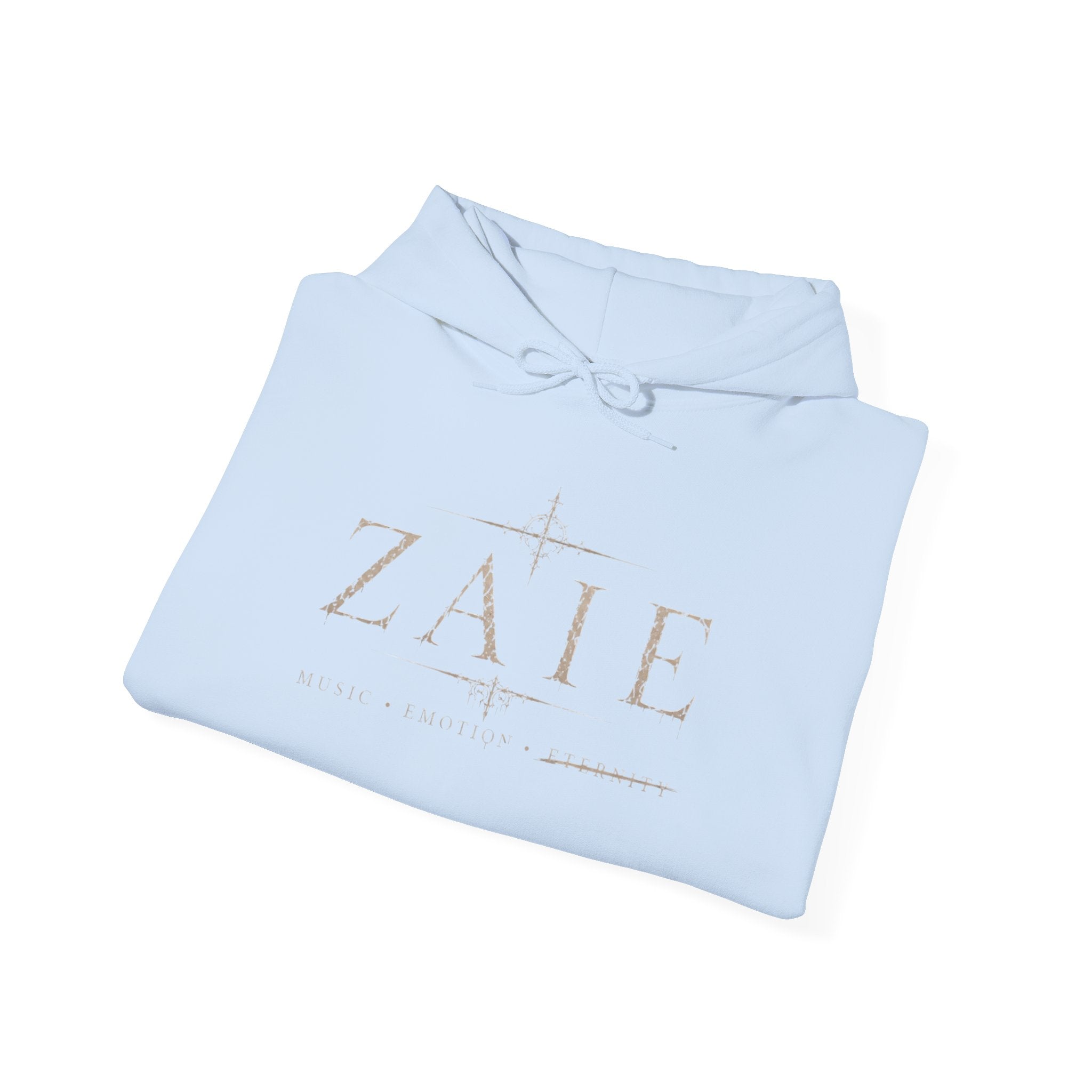 ZAIE Minimal Logo Hoodie — White Graphic Pullover with Back Art & Subtle Sleeve Detail